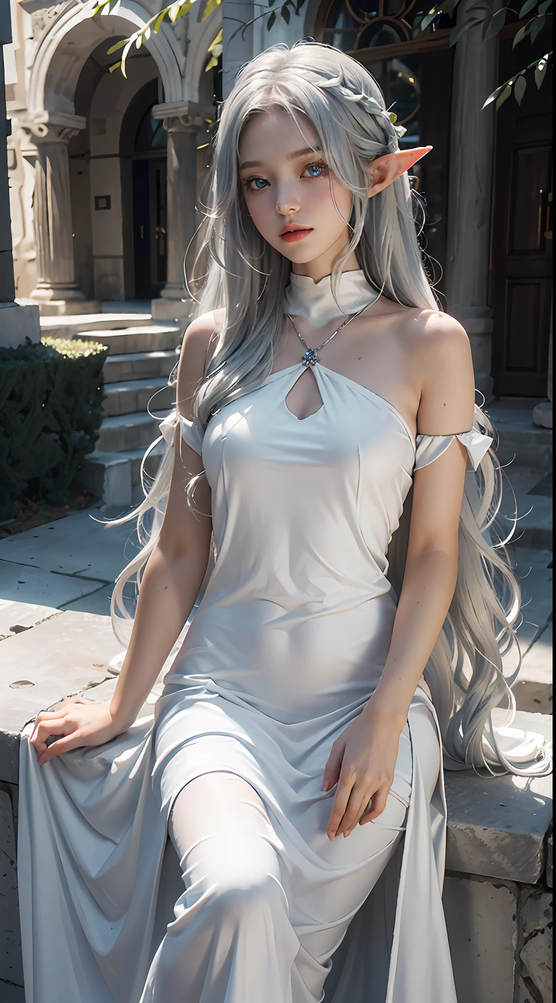 Best Quality, Masterpiece, Ultra High Resolution, (Realisticity: 1.4), Original Photo, 1Girl, Film Lighting, Greek Square Style, Sunlight, Tyndall Effect, Elf Princess, Elf Long Ears, Silver Gradient Hair, Ice Blue Eyes, Big Cute Eyes, Extreme Light and Shadow, White Long Dress,