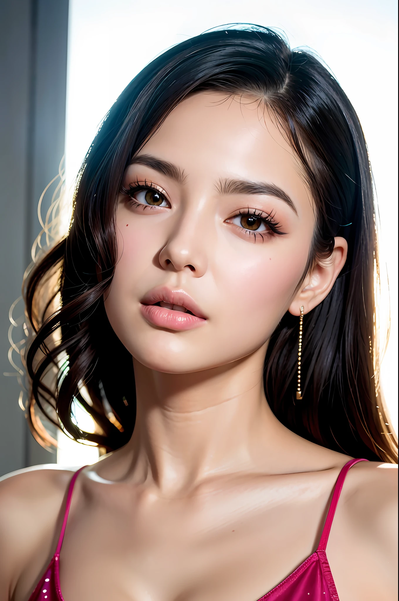 (8K, HDR, highres), ((((Photography, RAW photo, hyperrealism, masterpiece, best quality, ultra highres)))), (pin light, back light, backlighting, cinematic light), sharp focus:1. 4, (hyper detail, finely detailed), face close-up, close-up,
1girl, A face shaped like an egg, with large and beautiful cat-like eyes, a cute and button-like nose, small and pretty plump lips, thick eyebrows and long and beautiful eyelashes. The overall makeup is transparent, with a touch of pink on the cheeks and sparkling lip gloss. The hairstyle is long with wavy waves.