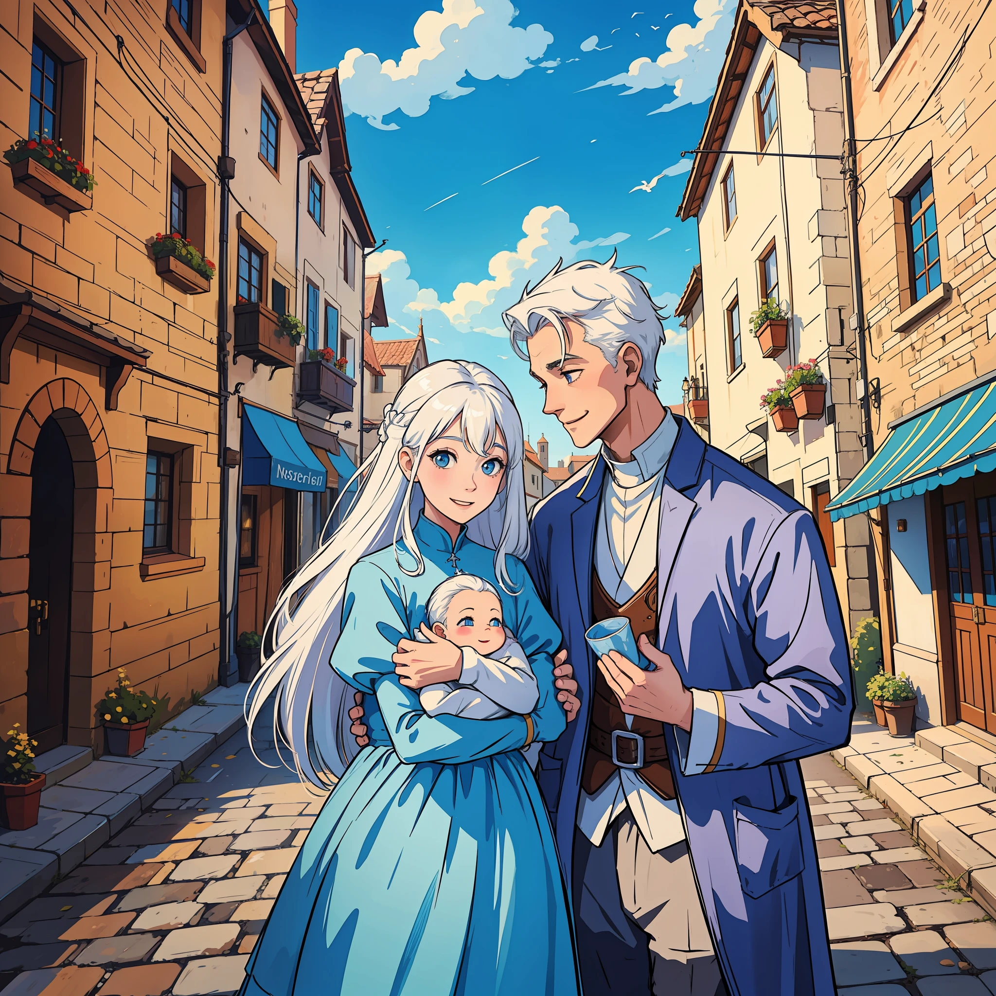 a happy couple all with white hair in a medieval town happy with a blue sky the couple has with them a baby