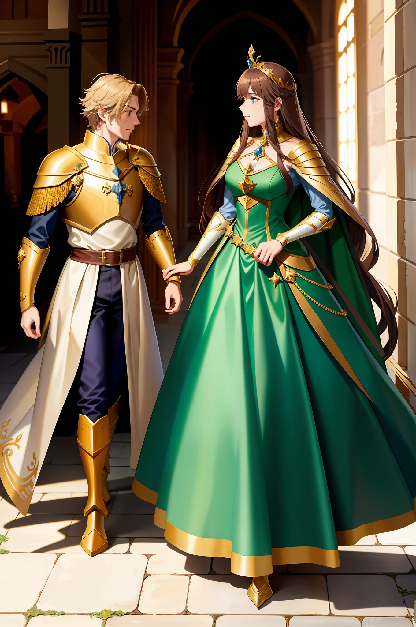 A princess talking to a knight in golden armor in the hallway of the castle. The princess's hair is dark brown, green eyes, masterpiece, elegant pose, green dress with white, golden cape, long boots, crown, arcane magic, mage elements, medieval castle with beautiful architecture, medieval atmosphere, anime, woman, Asian