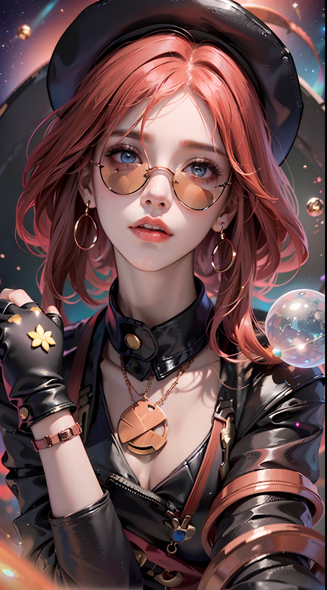 (((High-dimensional universe, background is black hole, Nuwa, lying down, nine stars with pearls, slim body, winter down jacket, red sunglasses, red shorts, hat made of copper coin, clothes made of copper money, black leather pants, white viscous liquid, copper coin, glow, particle effects, divergence effect, crystal))), (((super detailed, extreme detail))), super fine painting, master made, highest quality, 8k, light rainbow shiny hair, short hair, perfect eye makeup, pouty lips, (((layering, sense of space, Advanced composition)))