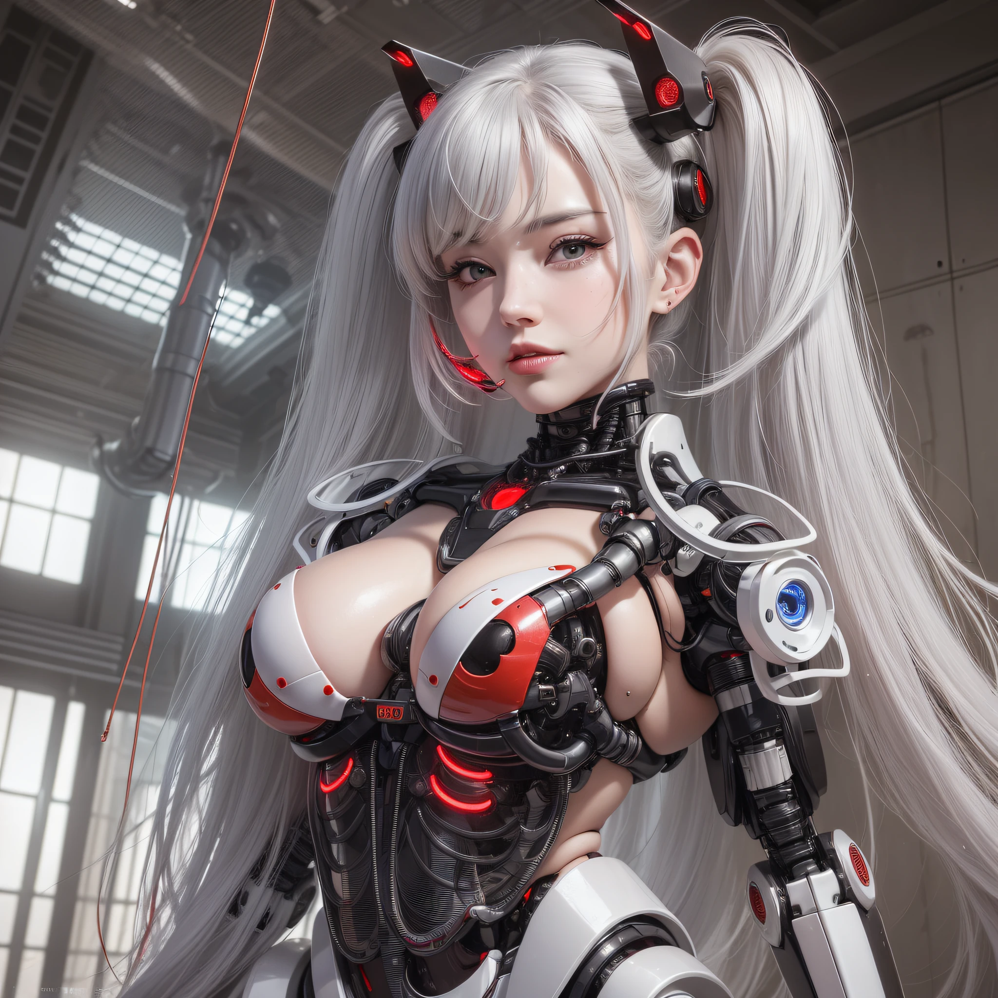 Beautiful Face,face is Japan, 1 Woman, Big, Curvaceous,(8k, RAW photo, top quality, masterpiece: 1.2)(Realistic, Photorealistic: 1.37) (Blood vessel attached to tube)((((Bikini Cyborg robot parts)))), (Light gray hair), Long hair, Wavy hair, Twin tails, Medium shot, ((Seductive smile) ), (Black Eyes), Hime Cut,From Below,(whole body),posing,,Inside the lab,( Blood vessel connected to a tube),((Mechanical vertebrae attached to the back)),((Mechanical neck attached to the neck)),(Wire and cable attached to the head and body),(Character Focus),Science Fiction,