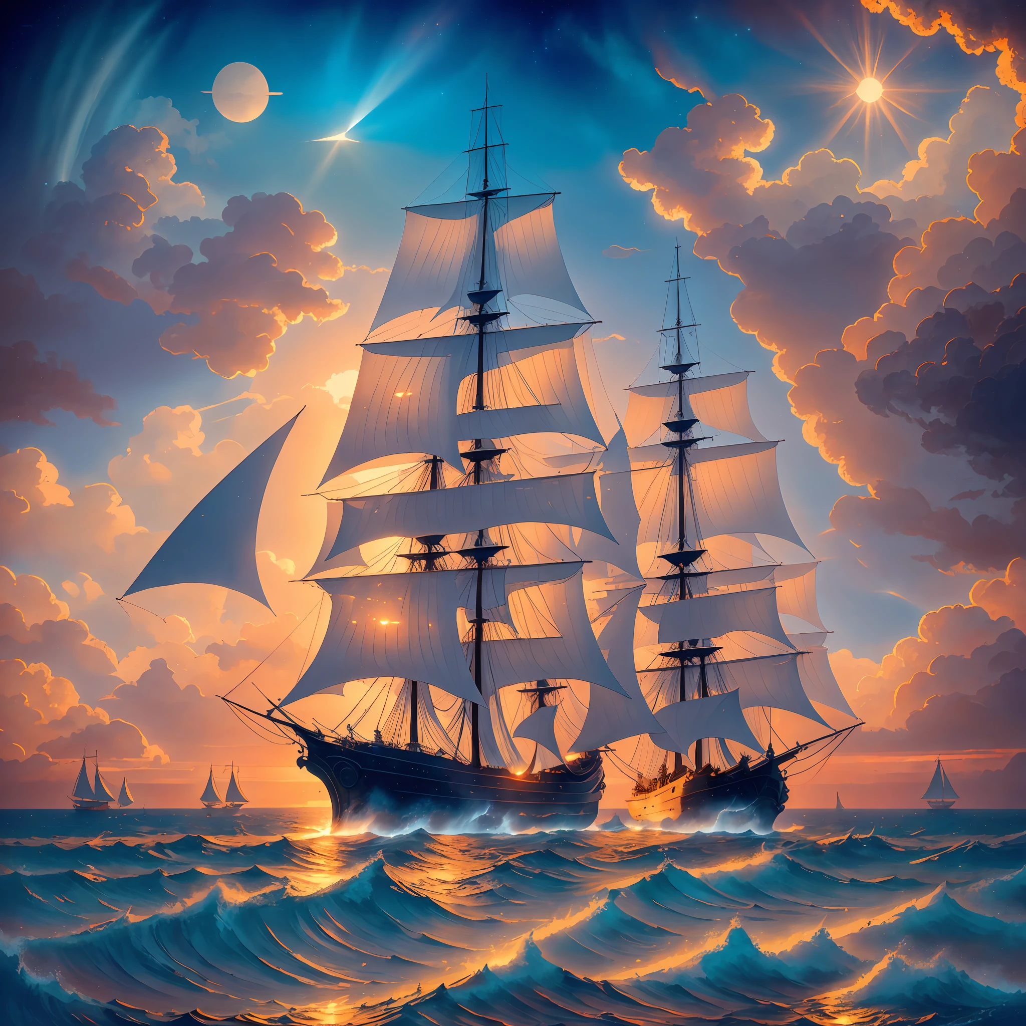 Light field photography, Frigate, cozy warm 17th century, ultra high quality, luminism, maximalism, art by Ivan Aivazovsky