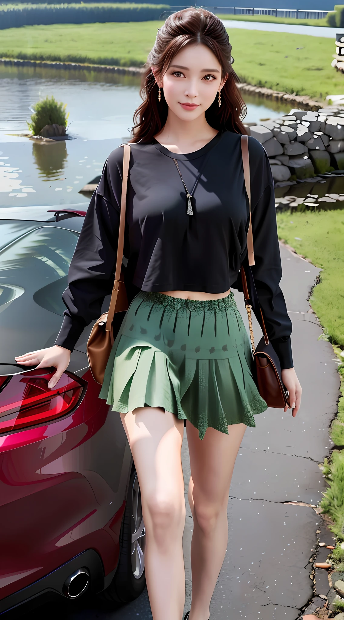 best quality, masterpiece, 1 girl, beautiful face, (photo photo-realistic:1.3), edge lighting, (high detail skin: 1.2), 8k ultra hd, dslr camera, high quality, high resolution, 4k, 8k, bokeh, absurd, best ratio four fingers and one thumb, (realistic: 1.3), rural background, holding a mobile phone: 1.3, wearing a green floral dress: 1.5, holding a bouquet of roses: 1.3