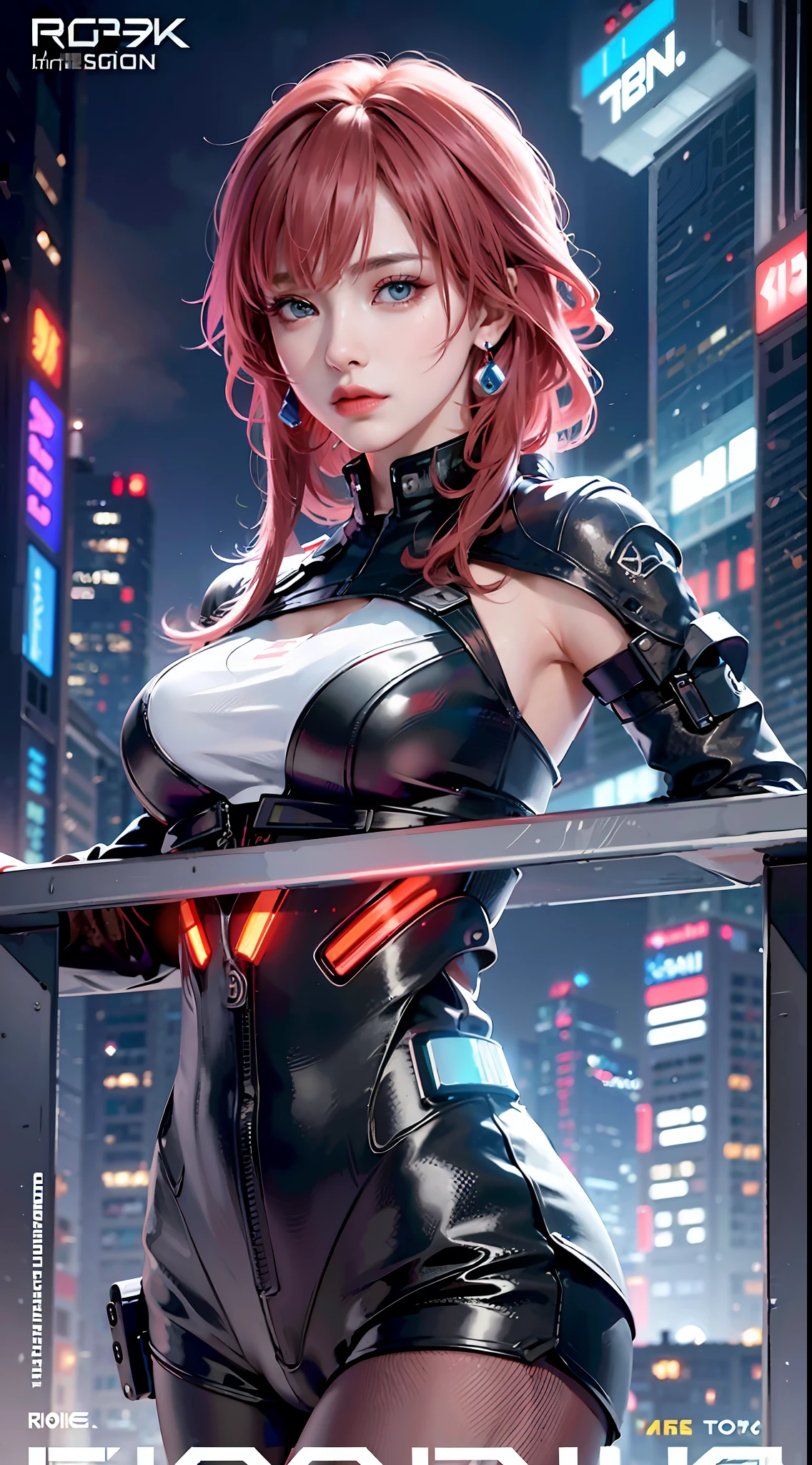 cybernetic rebellion, android protagonists, futuristic city, neon-lit skylines, high-stakes battles, advanced technology,Fashion layout, magazine cover posters, dynamics, hyperdetails, Searle shadows, art, titles, logos, labels, badges, graphic design, 4k detail post-processing, atmospheric, ultra realistic, 8k, epic composition, complex details