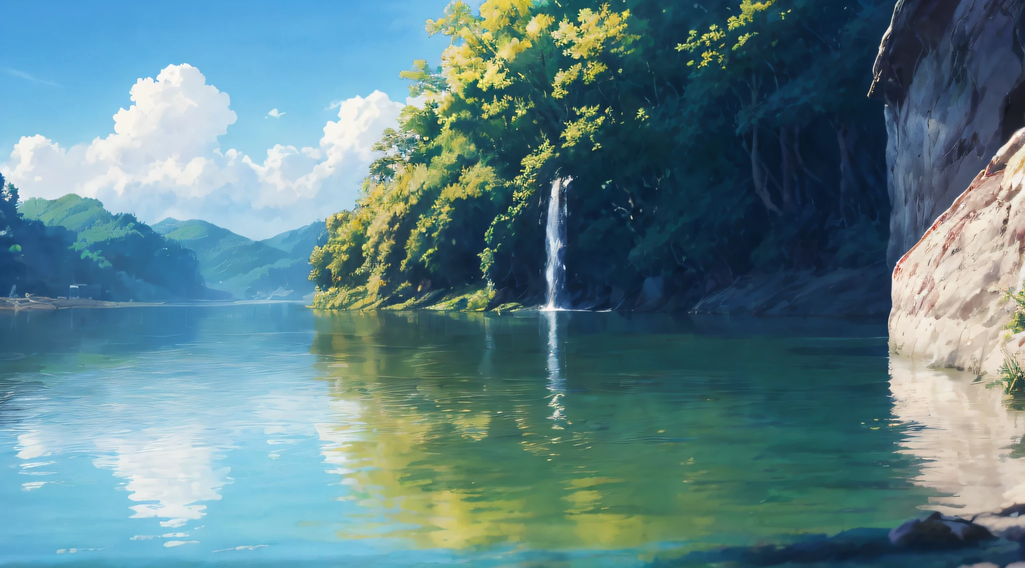 there is a painting of a waterfall in the middle of a lake, anime beautiful peace scene, beautiful anime scenery, beautiful anime scene, highly detailed digital painting, digital painting highly detailed, reflections. by makoto shinkai, painted in anime painter studio, style of makoto shinkai, beautiful digital painting, ross tran. scenic background, beautiful lake background