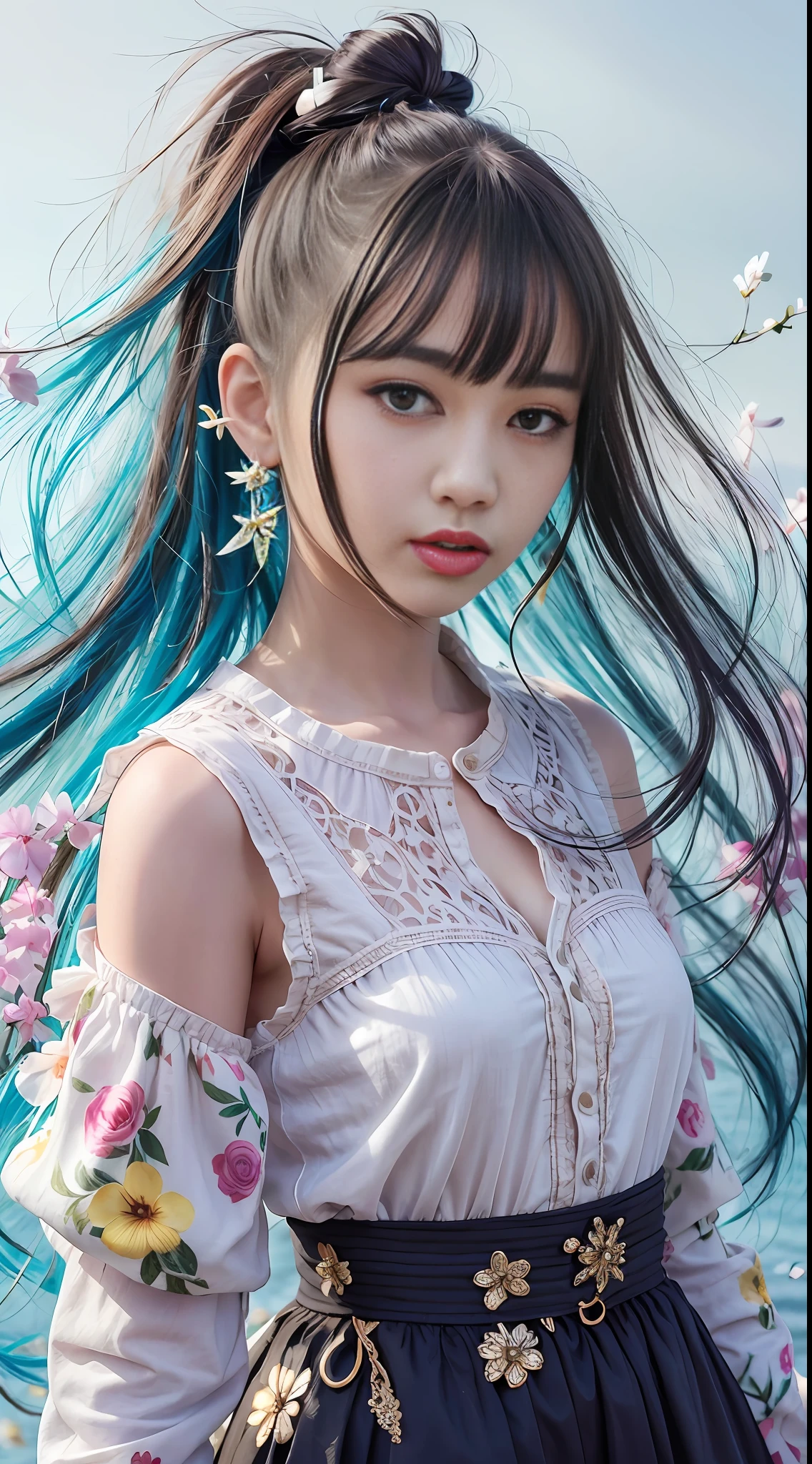 (masterpiece), (best quality), (ultra detailed),(disheveled hair),(illustration), (1girl), (Fashionable clothing), standing, Fashion model, looking at viewer, (interview), (simple background),beautiful detailed eyes, delicate beautiful face, Floating,(high saturation),(colorful splashes),colorful bubble,(shining), focus on face, ponytail, kamisato ayaka, light blue hair, bangs, hair ring, floating flowers, floating hairs, (shining), best lighting, best shadow,