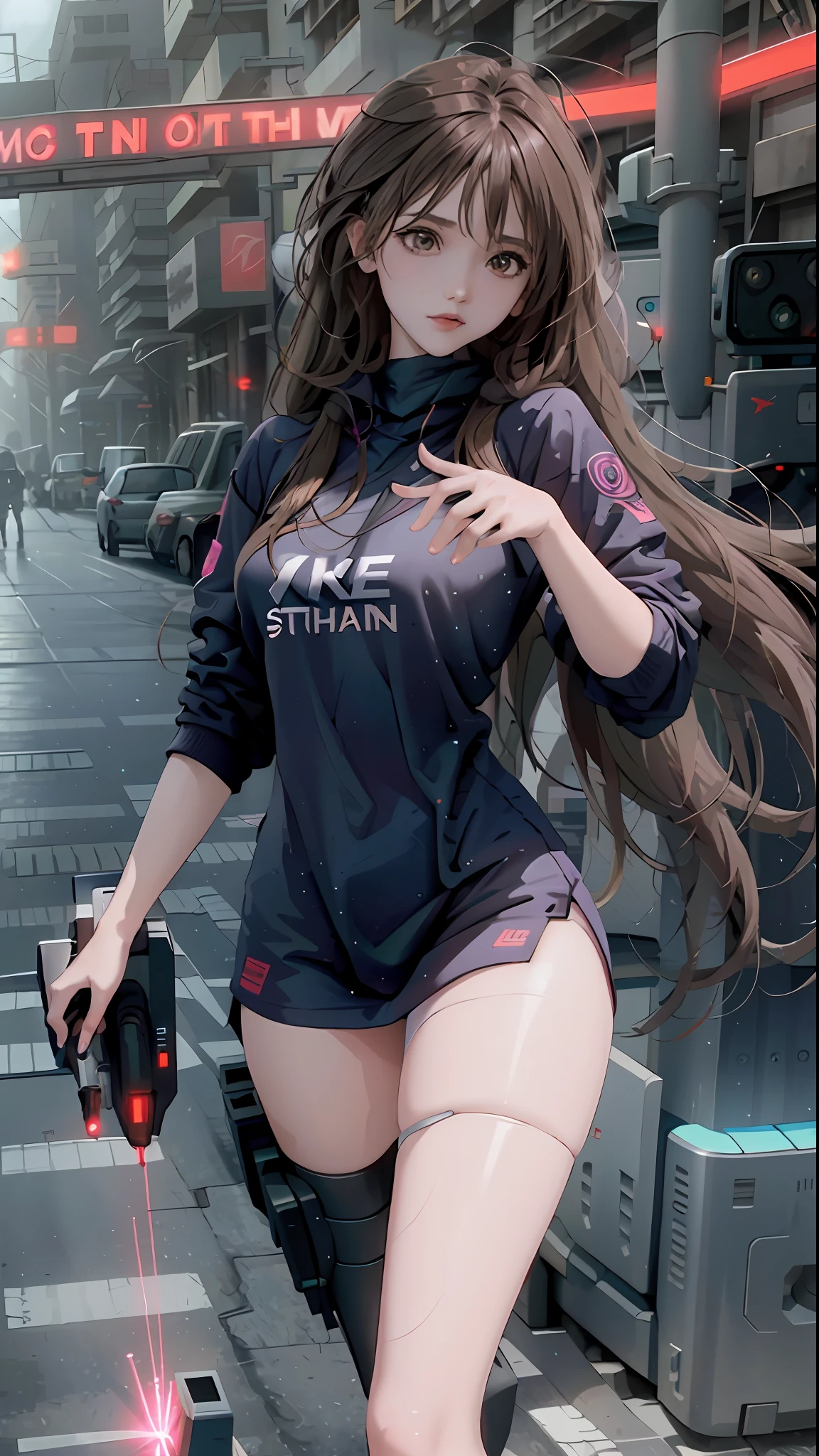 cybernized girl with cyberpunk prosthetics in single underpants, long hair, Spaceship inside, futuristic style, Sci-fi, hyper detailed, laser in center, laser from the sky, energy clots, photorealism, hyper realism, acceleration, light flash, speed, painting, 8K, HD, super resolution , Cinematic, Long Exposure, 8K, HD, Super-Resolution, Laser