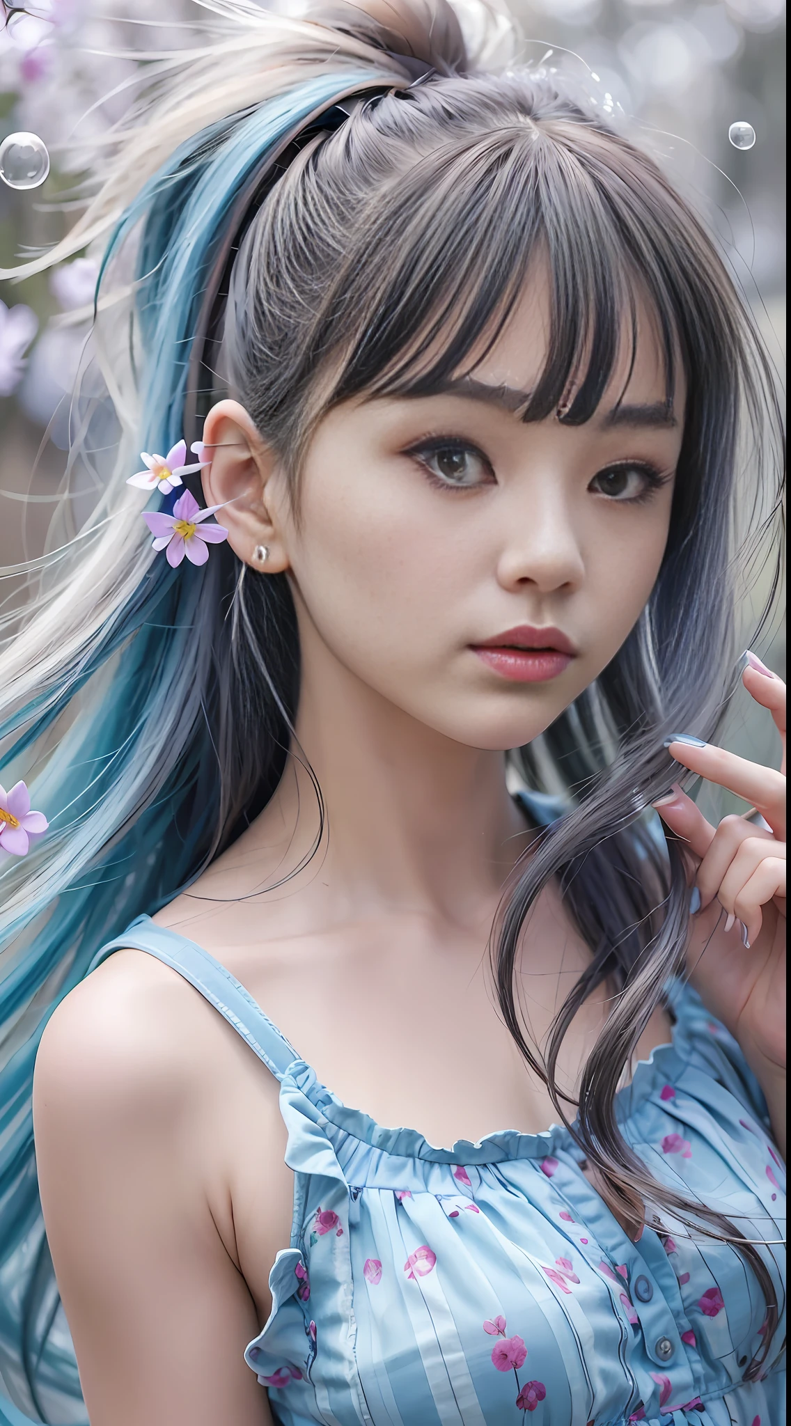 (masterpiece), (best quality), (ultra detailed),(disheveled hair),(illustration), (1girl), (Fashionable clothing), standing, Fashion model, looking at viewer, (interview), (simple background),beautiful detailed eyes, delicate beautiful face, Floating,(high saturation),(colorful splashes),colorful bubble,(shining), focus on face, ponytail, kamisato ayaka, light blue hair, bangs, hair ring, floating flowers, floating hairs, (shining), best lighting, best shadow,