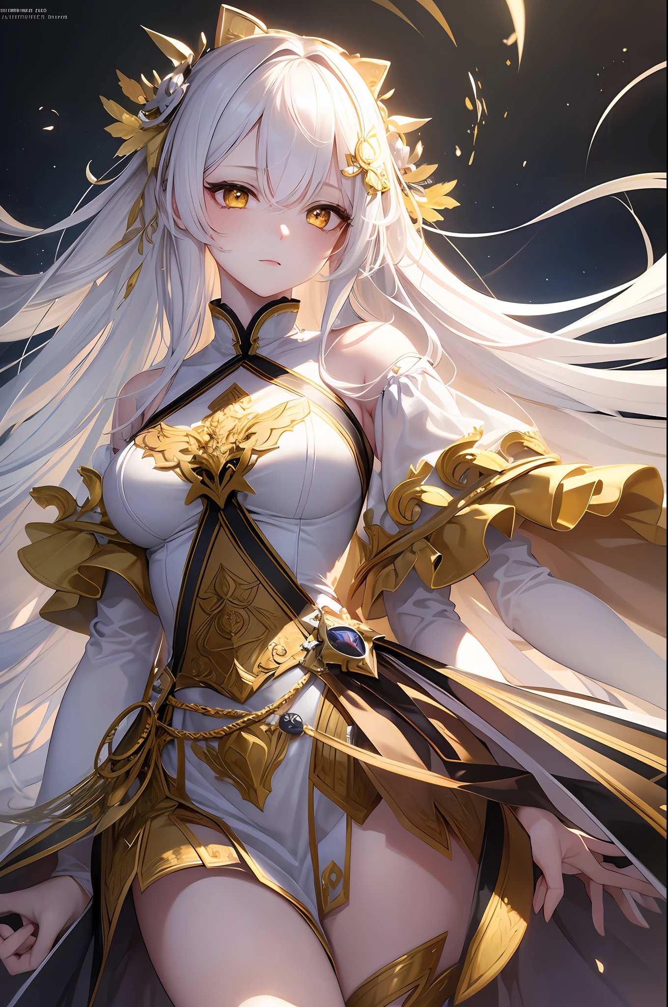 an extremely delicate and beautiful CG illustration, best quality, high resolution, dynamic angle, full-length shot, (1girl), yellow eyes and straight long white hair, floating, soft light, high-key lighting)