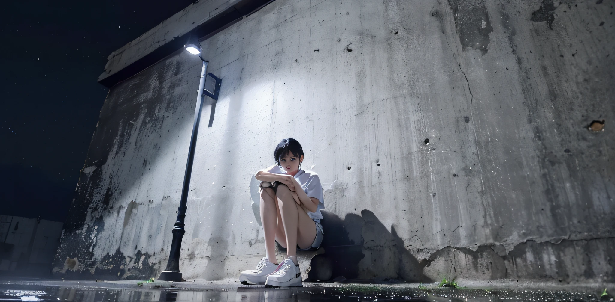 Official art, unified 8k wallpaper, ultra detailed, beautiful and aesthetically pleasing, beautiful, masterpiece, best quality, RAW, masterpiece, ultra fine photos, best quality, ultra high resolution, photo level realism, a black short haired girl leaning against the wall, white shirt, denim shorts, squatting down, hands on knees, rainy and damp roads, dim alleys, dim streets, blue street lights, background is a dark blue starry sky, Dark blue clouds, mottled and dilapidated walls,