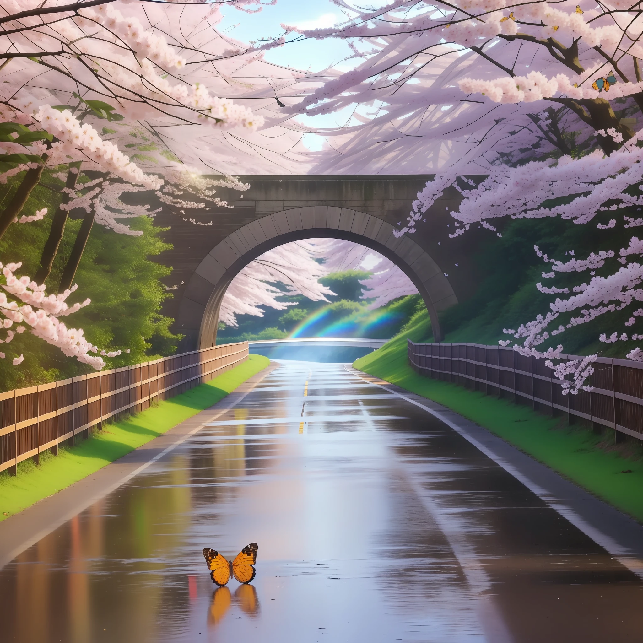Tunnels with cherry blossoms dancing in the early morning, rainbows appear in the sky after rain, and puddles on the road reflect them. There are many butterflies with the sun in the background. --auto --s2