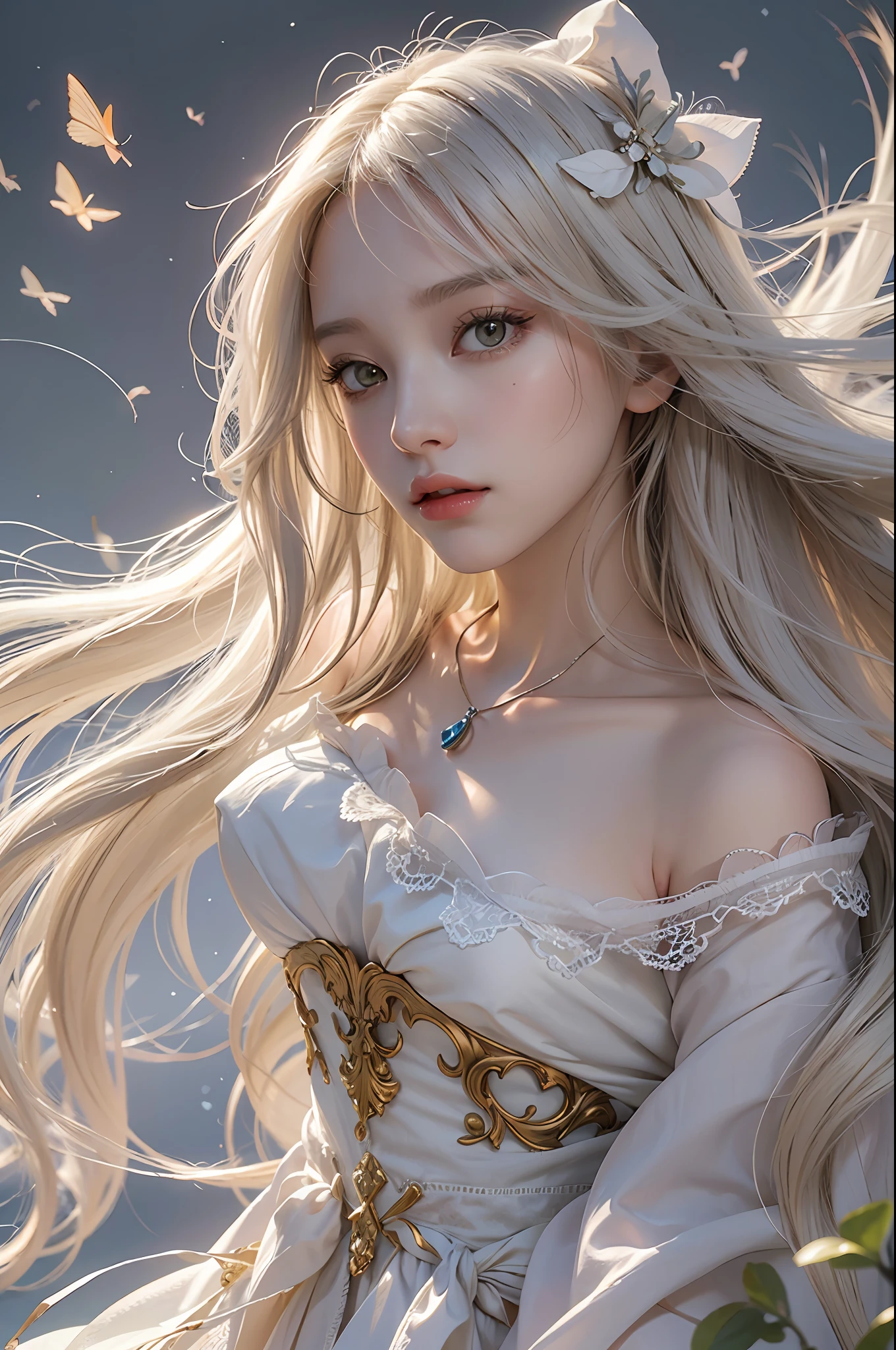 an extremely delicate and beautiful CG illustration, best quality, high resolution, dynamic angle, full-length shot, (1girl), yellow eyes and straight long white hair, floating, soft light, high-key lighting)