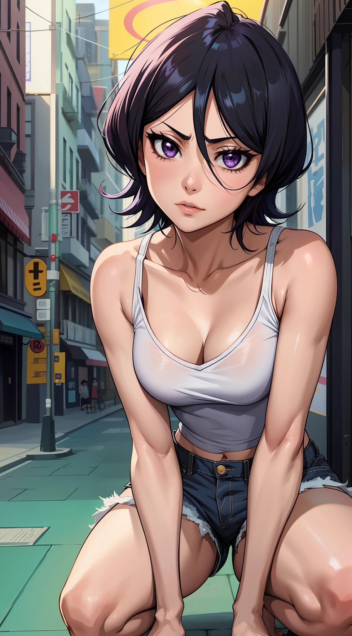 anime screencap, city, 1girl, solo, short hair, black hair, purple eyes, flat chest, looking at the viewer, hair between eyes, lustful, closed mouth, wide hips, short top, short shorts, unbuttoned shorts, squatting, legs apart, erotica, front