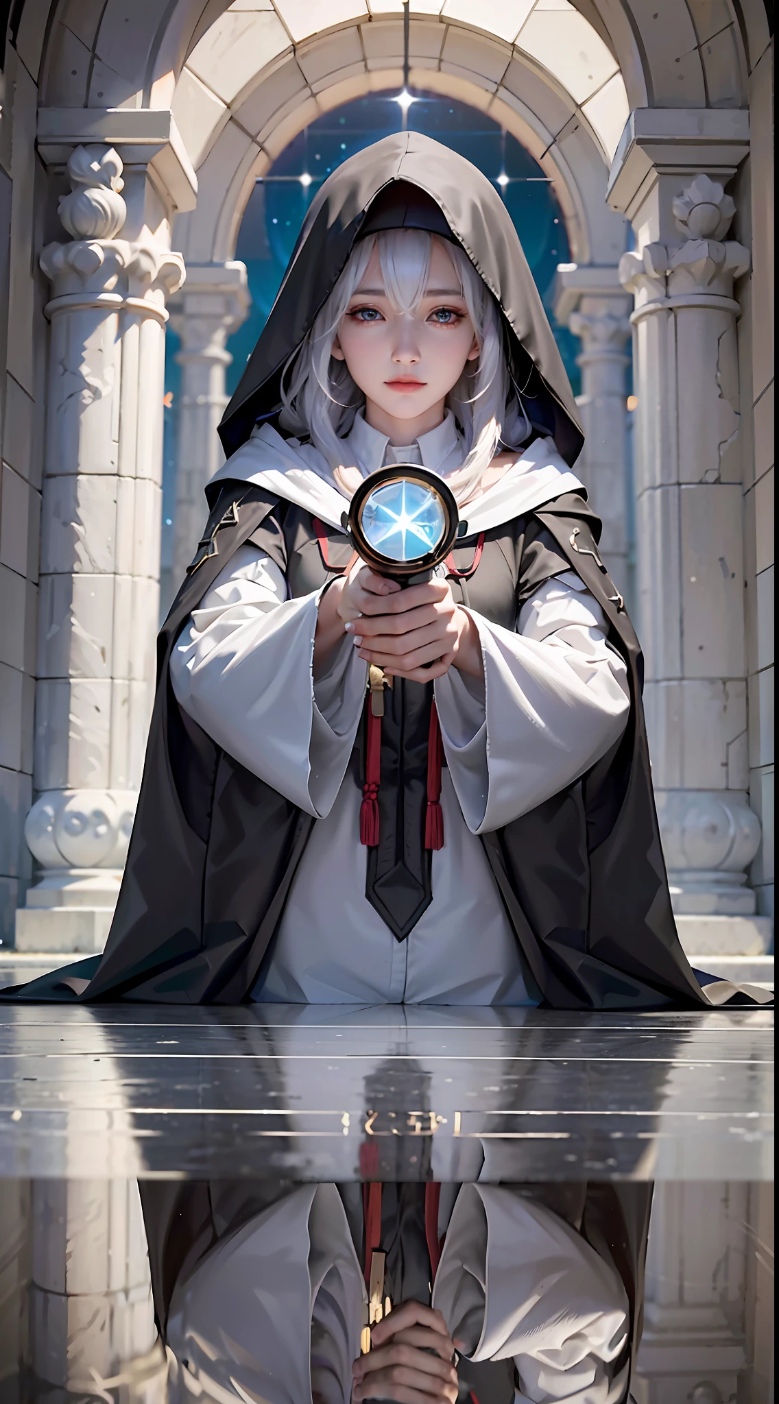 Ancient, (Mysterious), Woman, (Black Hooded Cloak), Shadow Processing, Tyndall Effect, 8K Quality, ((Ultra Detailed))), ((Master Works)), (Highest Quality)), (((8K Resolution))), (Fine Details), (Extreme Color), Beautiful Eyes ((Two Side Up), White Hair, White Stone Pillars, (With Hood), Astrolabe, Reflection
