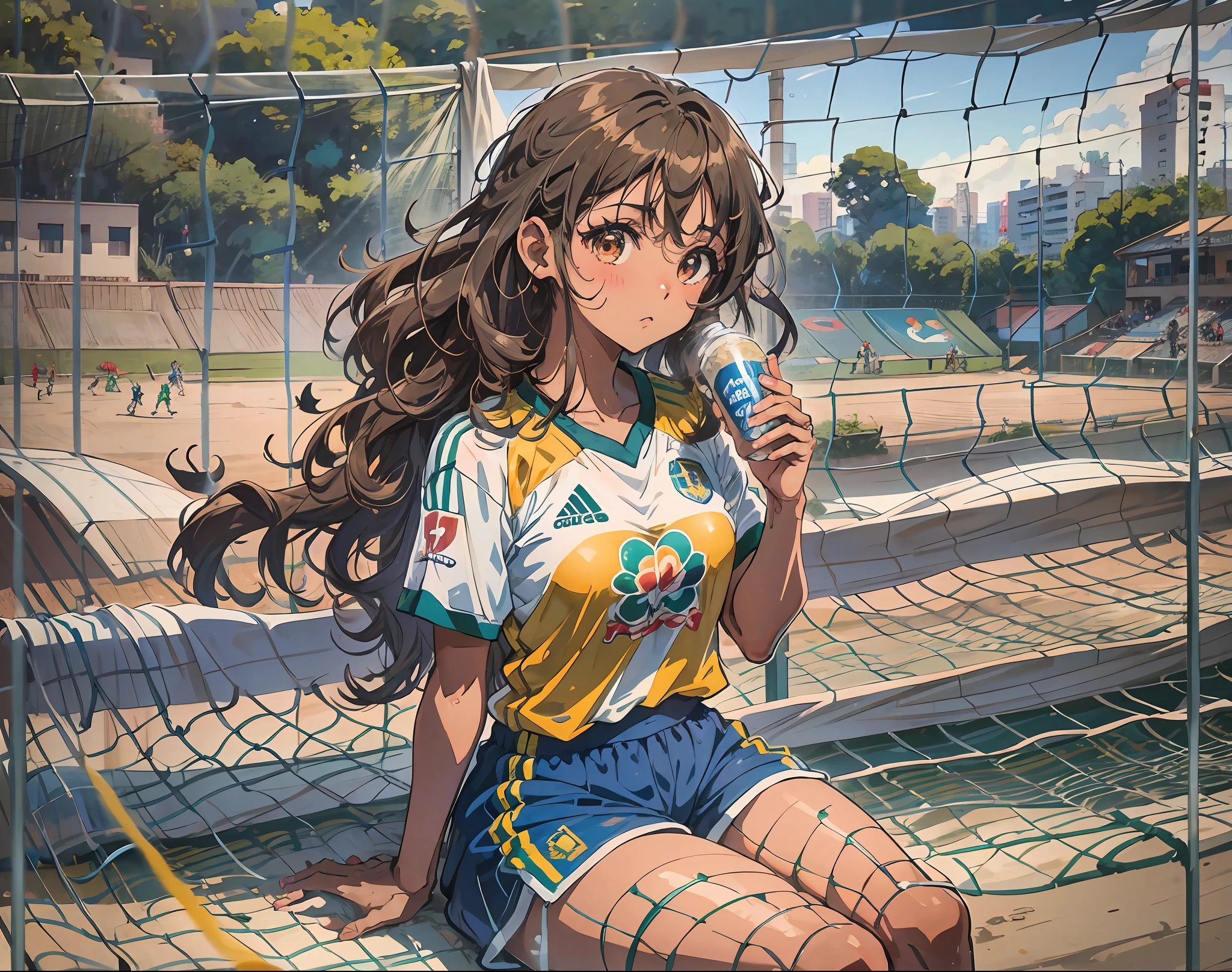 1girl, anime girl, beautiful face, latin american beauty, curly hair, tanned skin, ribbon marquee, sitting in the favela watching her friends playing soccer on a clay court, cheering, elegrez.favela, wearing a shirt of the brazilian soccer team, movie scene, cinematic environment, based in rio de janeiro, whole body- --auto --s2