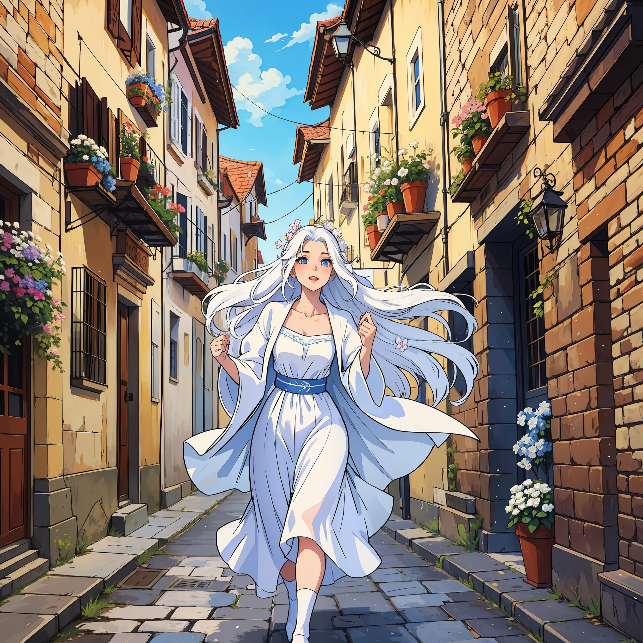 A beautiful young woman with long white hair and white clothes running through the streets of a beautiful and happy medieval town with a beautiful blue sky and flowers
