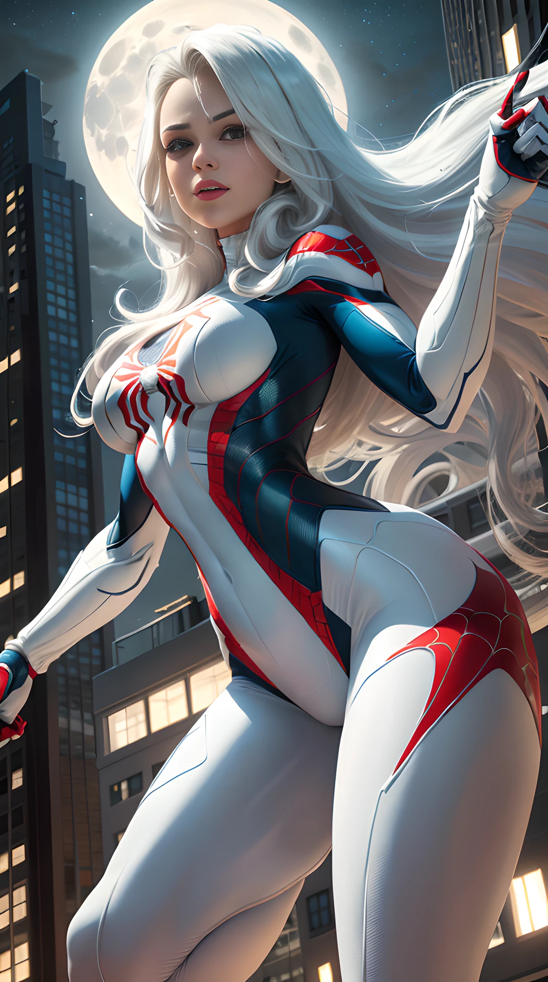 (Masterpiece, 4k resolution, ultra-realistic, very detailed), (White superhero theme, charismatic, there's a girl on top of town, wearing Spider-Man costume, she's a superhero), [ ((25 years), (long white hair:1.2), full body, (blue eyes:1.2), ((Spider-Man pose),show of strength, jumping from one building to another), ((sandy urban environment):0.8)| (cityscape, at night, dynamic lights), (full moon))] # Explanation: The Prompt mainly describes a 4K painting of ultra-high definition, very realistic, very detailed. It shows a superheroine at the top of the city, wearing a Spider-Man costume. The theme in the painting is a white superhero theme, the female protagonist has long white hair, is 25 years old and her entire body is shown in the painting. In terms of portraying the actions of superheroines, spiders are employed