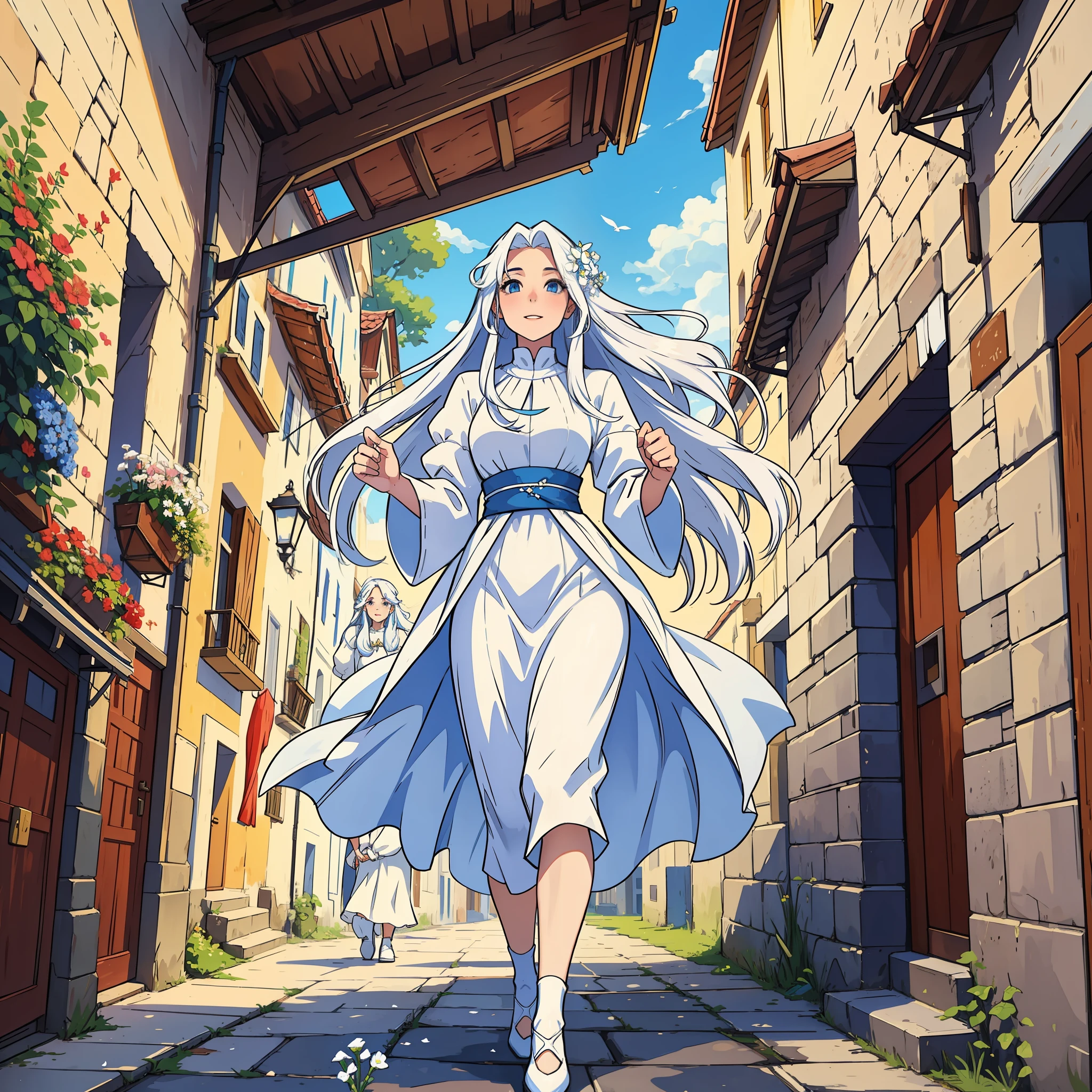 A beautiful young woman with long white hair and white clothes running through the streets of a beautiful and happy medieval town with a beautiful blue sky and flowers