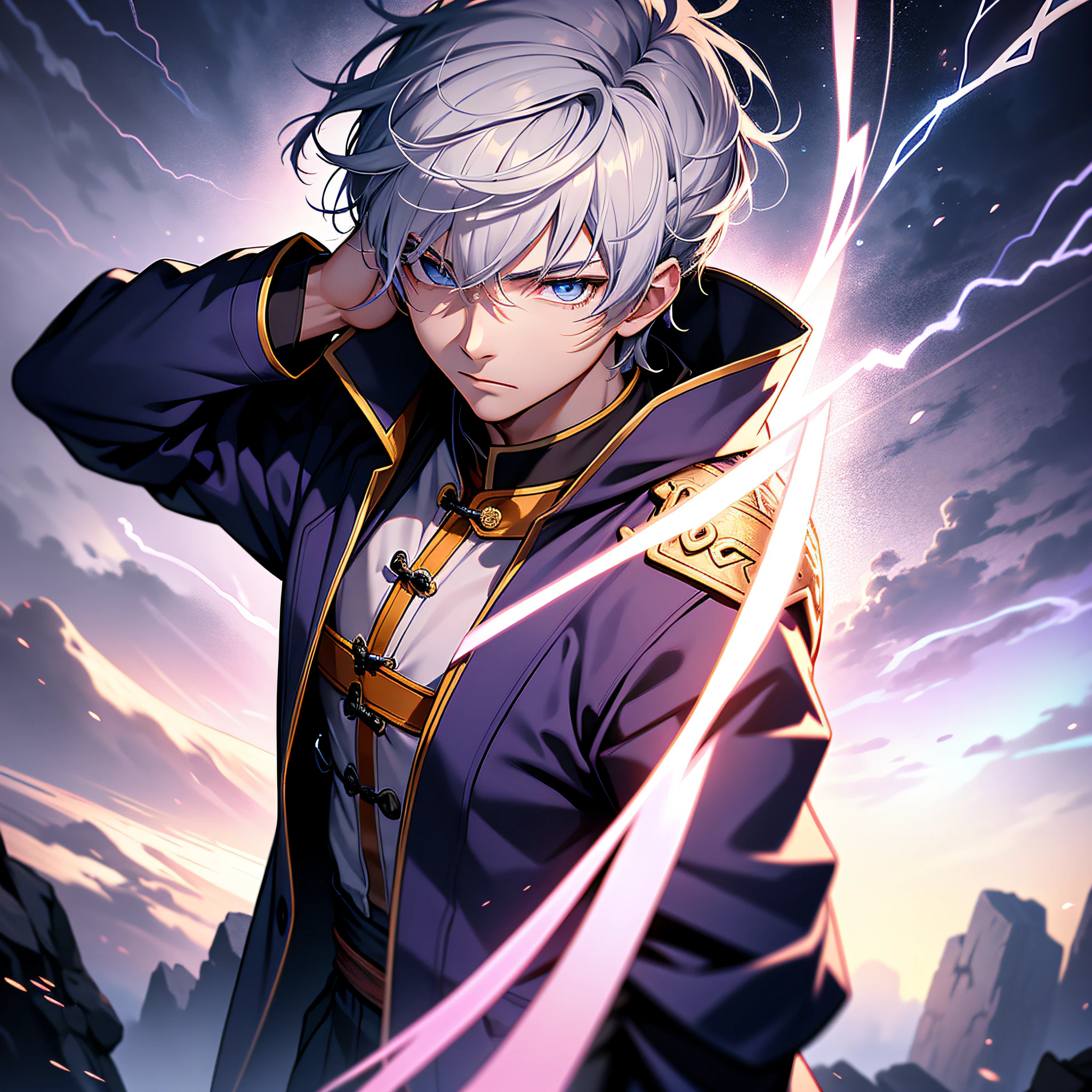 Ultra HD, Super Detail, High Detail, Best Quality, High Quality, A boy with short white hair, wearing Chinese purple Taoist robe, blue eyes, lightning mage, lightning scatter