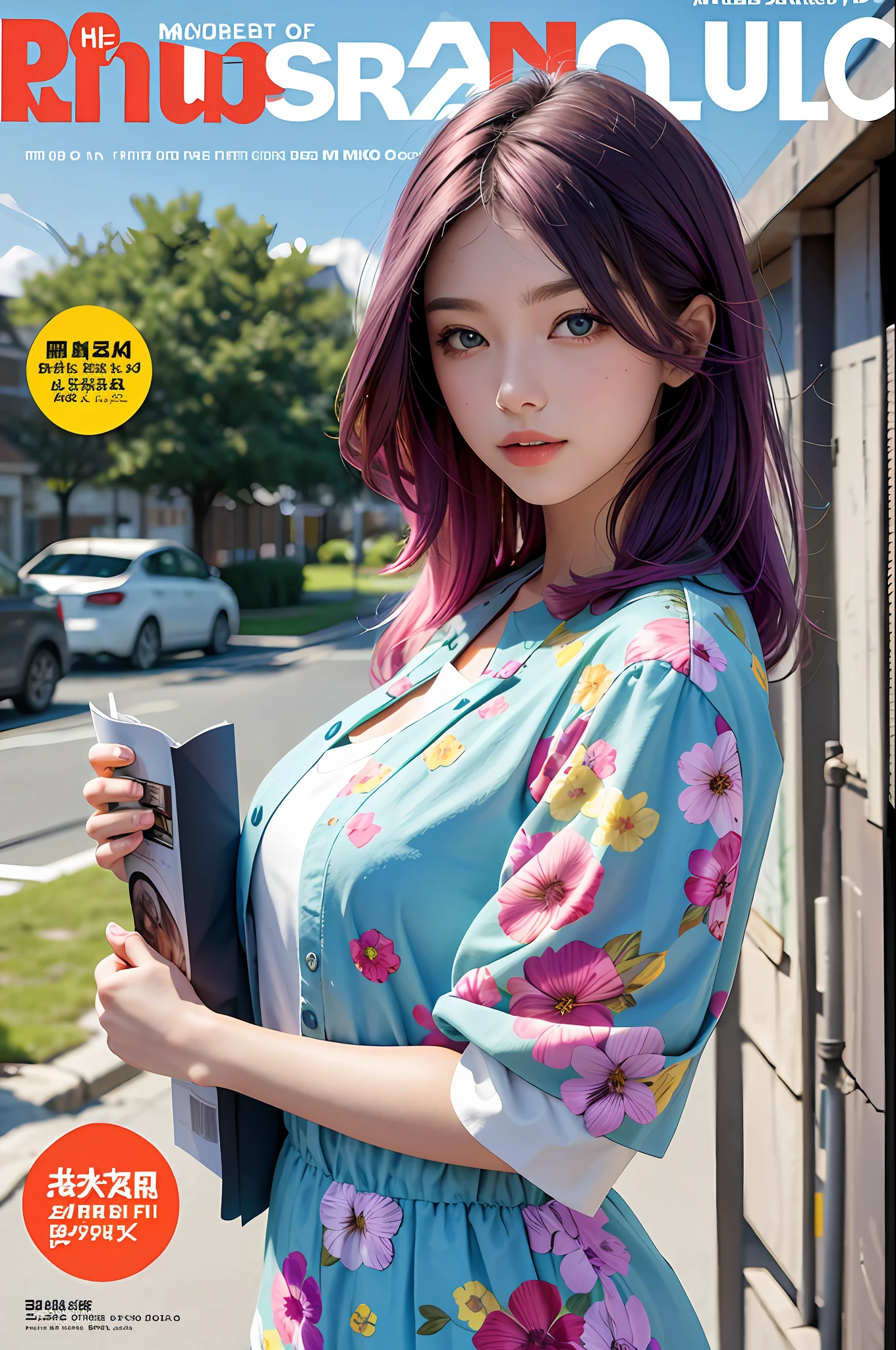 masterpiece, best quality, spring outfit, colorful hair, outdoor, magazine cover ,upper body,