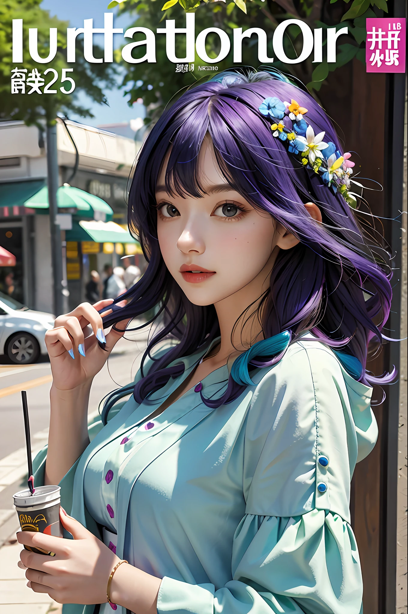 masterpiece, best quality, spring outfit, colorful hair, outdoor, magazine cover ,upper body,
