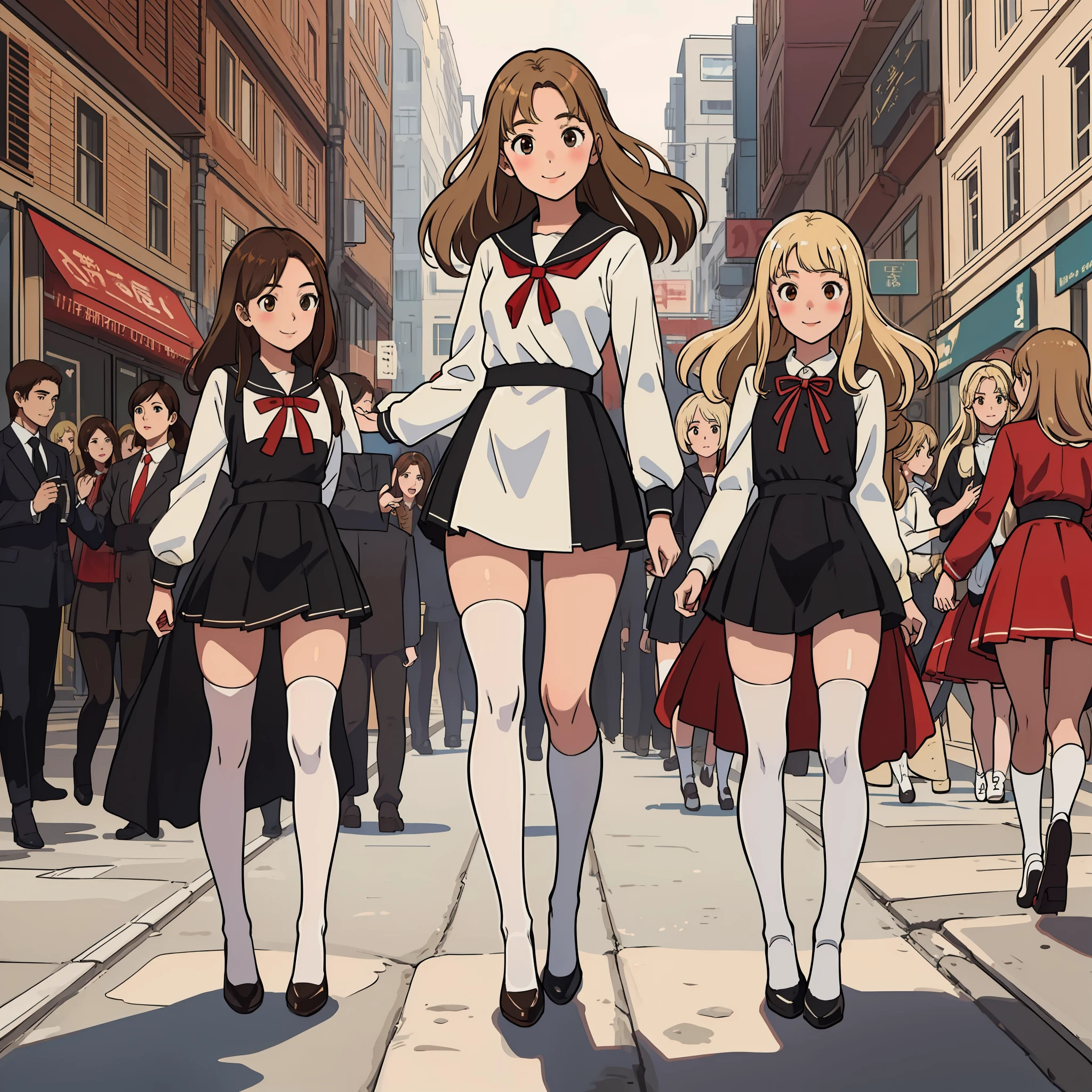 perfect anime illustration, masterpiece, teenage girls, medium breasts, multiple girls, millions of sisters, thousands of sisters, (((blonde girls, brown haired girls))), same age sisters, rich sexy schoolgirls, brown hair, blonde hair, curly hair, long hair, different hair colors, hazel eyes, smiling, white skin, (((red school uniform, white thigh high socks, black high heels))), matching outfits, highres, full body, crowd of sisters