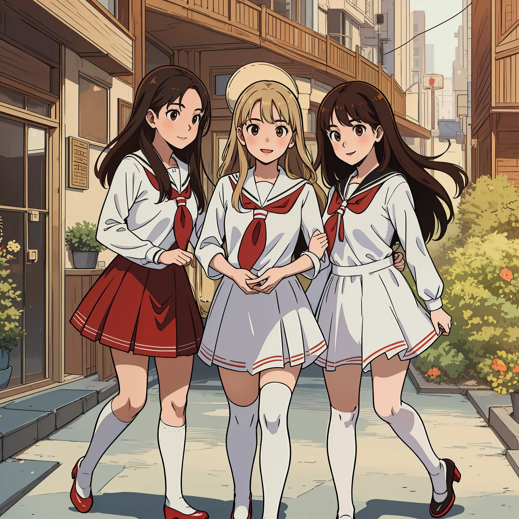 perfect anime illustration, masterpiece, teenage girls, medium breasts, multiple girls, millions of sisters, thousands of sisters, (((blonde girls, brown haired girls))), same age sisters, rich sexy schoolgirls, brown hair, blonde hair, curly hair, long hair, different hair colors, hazel eyes, smiling, white skin, (((red school uniform, white thigh high socks, black high heels))), matching outfits, highres, full body, crowd of sisters