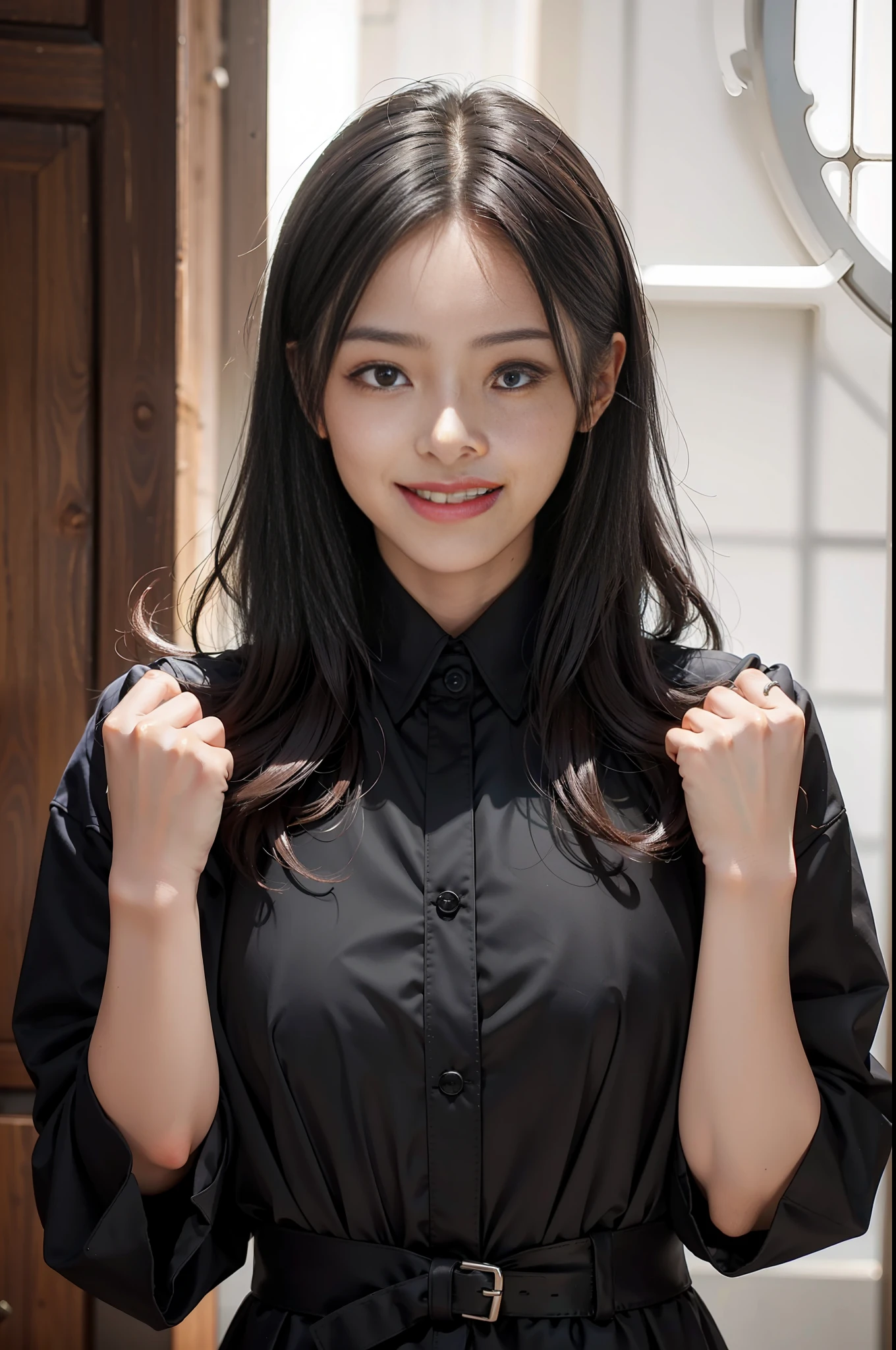 Beautiful girl smiling in black suit at guesthouse, hands clenched into fists