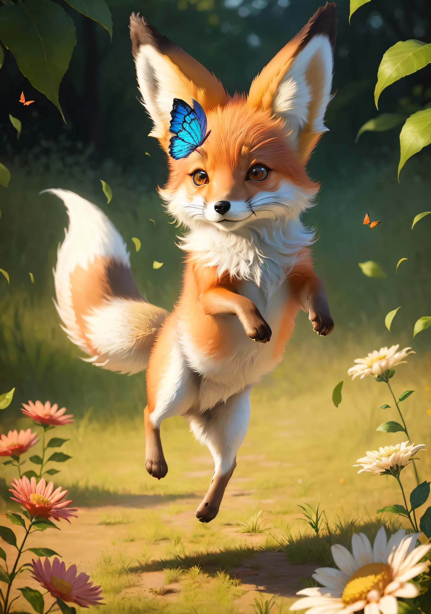 There is a fox jumping in the air, trying to catch a butterfly above the head, cute number painting, cute detailed digital art, cute fox, whimsical fox, cute digital art, ethereal fox, anthropomorphic fox, cute 3D rendering, fantasy fox love, children's art in Artstation, tonic for foxes, anthropomorphic fox, beautiful digital artwork, AW, masterpiece, super fine photos, best quality, super high resolution, photorealistic realism