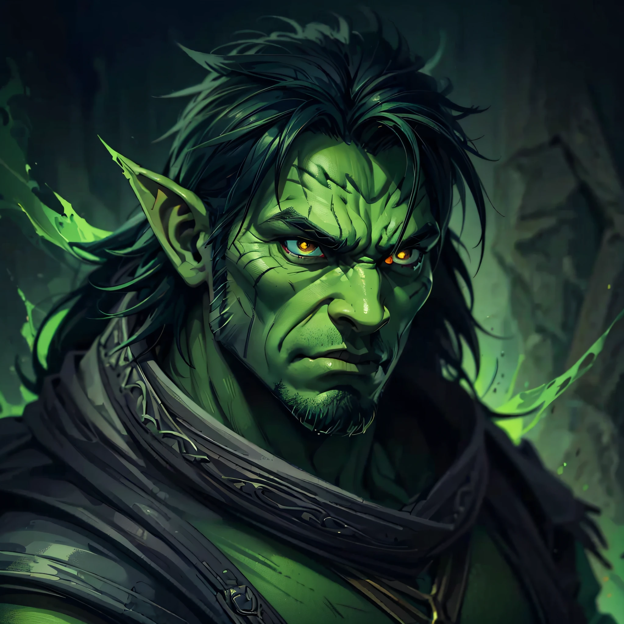 Portrait Rpg, close-up, Race: Orc, Gender: Male, Age: 40 years, Eyes: Dark Green; Skin color: Very bright green, Hair: Black Long, Physique: muscular complexion, Facial features: no beard and some scars, Expression: Angry orc face look, Equipment: fantasy killer clothing, Background: Temple, (Masterpiece, best quality, high: 1.4), detailed, intricate details, 4K, splashes of color, line art, fibonacci --auto --s2