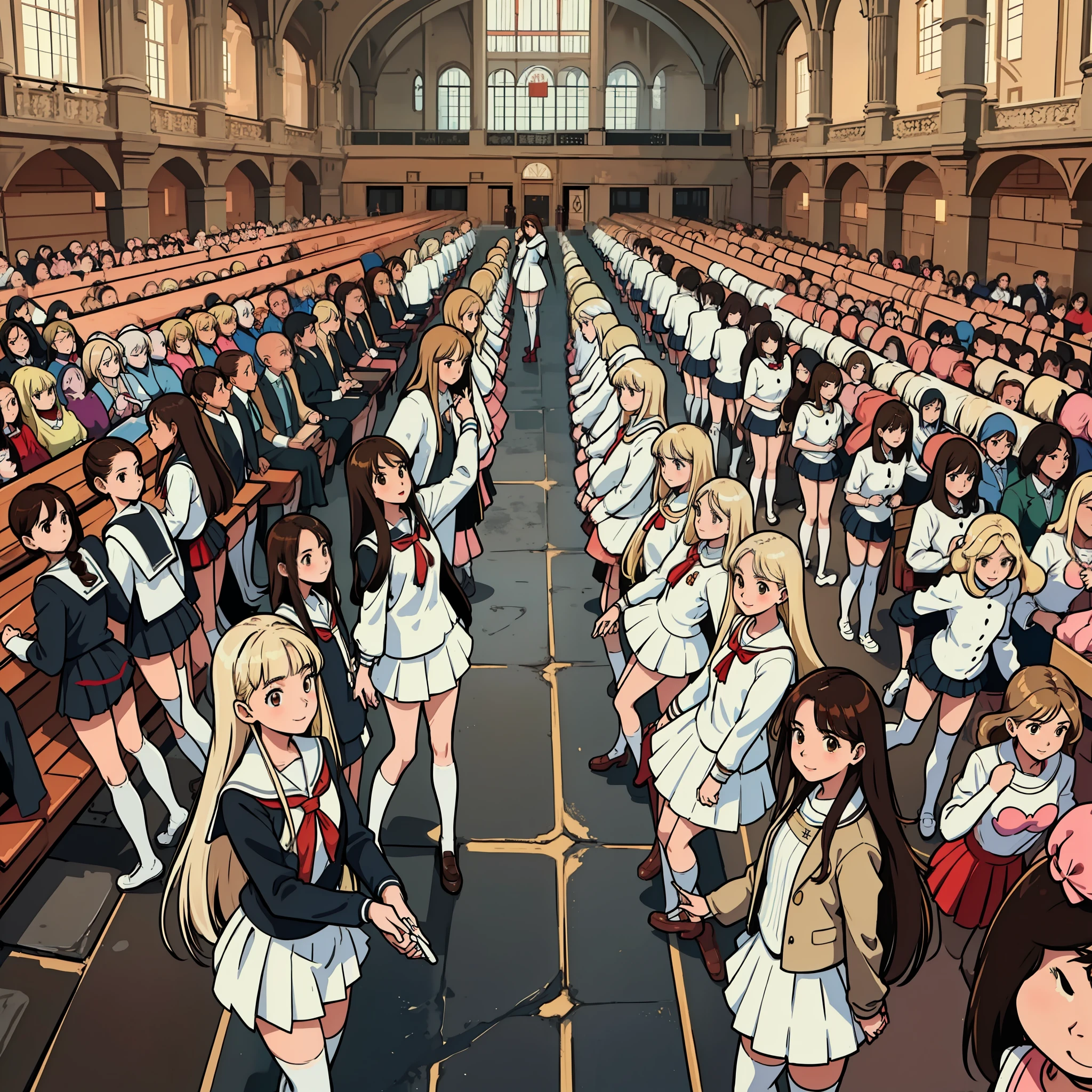 perfect anime illustration, masterpiece, teenage girls, medium breasts, multiple girls, millions of sisters, thousands of sisters, (((blonde girls, brown haired girls))), same age sisters, rich sexy schoolgirls, brown hair, blonde hair, curly hair, long hair, different hair colors, hazel eyes, smiling, white skin, (((red school uniform, white thigh high socks, black high heels))), matching outfits, highres, full body, crowd of sisters, neat rows of sisters, neat columns of sisters, sisters standing in formation, sisters in background