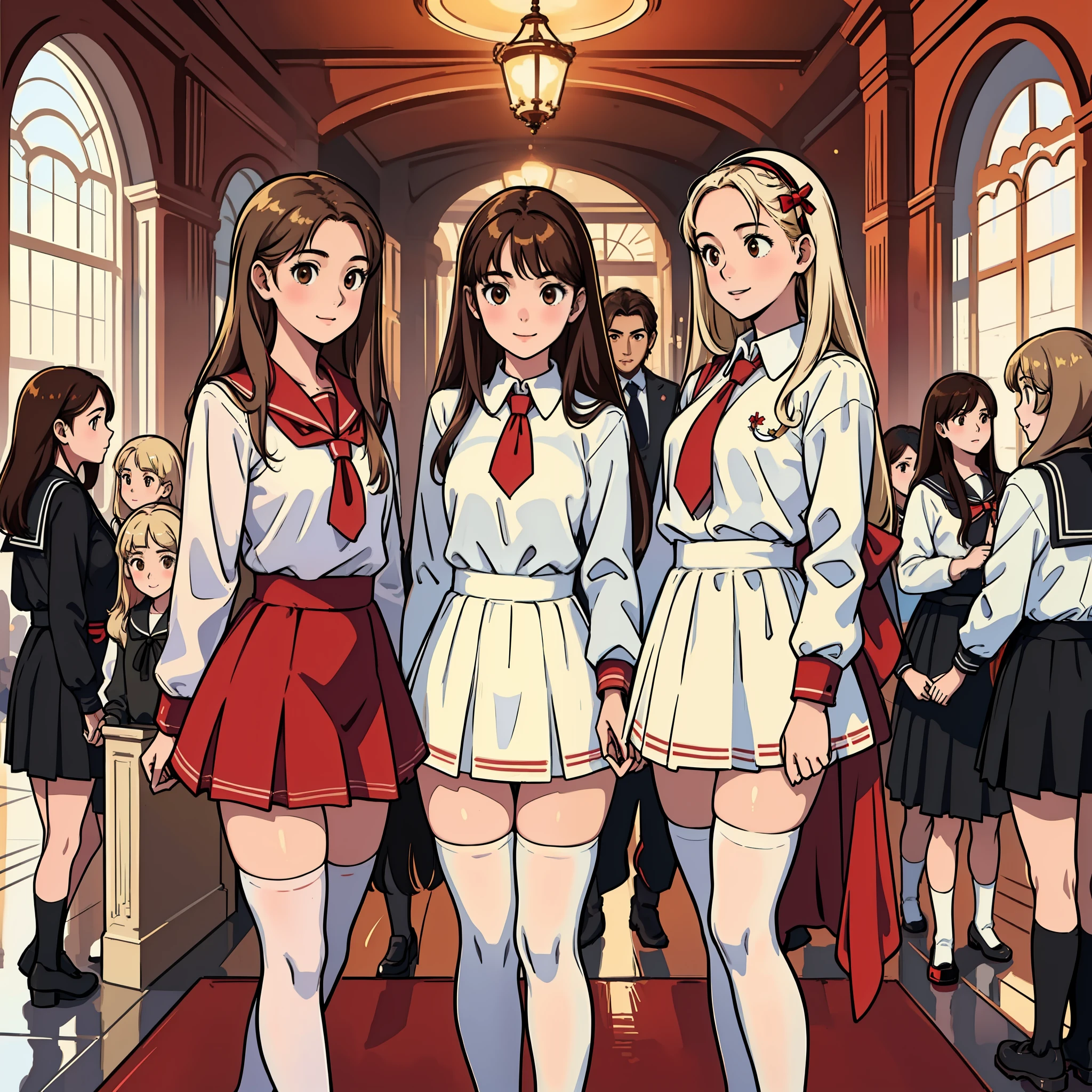 perfect anime illustration, masterpiece, teenage girls, medium breasts, multiple girls, millions of sisters, thousands of sisters, (((blonde girls, brown haired girls))), same age sisters, rich sexy schoolgirls, brown hair, blonde hair, curly hair, long hair, different hair colors, hazel eyes, smiling, white skin, (((red school uniform, white thigh high socks, black high heels))), matching outfits, highres, full body, crowd of sisters, neat rows of sisters, neat columns of sisters, sisters standing in formation, sisters in background