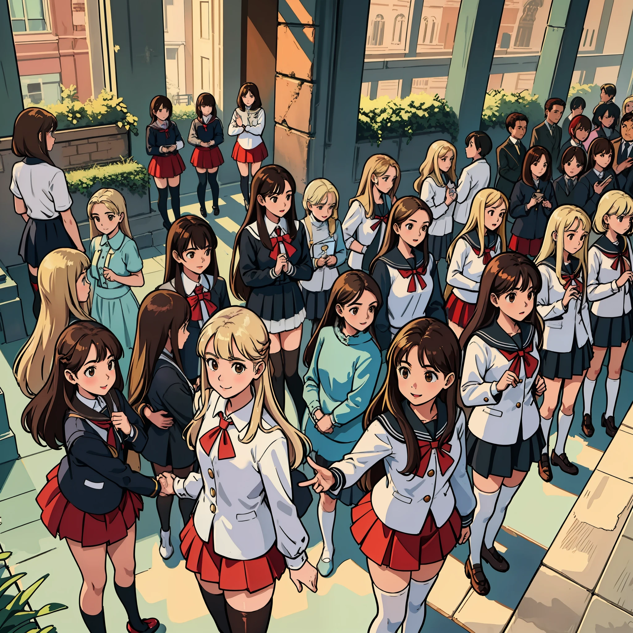perfect anime illustration, masterpiece, age girls, medium breasts, multiple girls, millions of sisters, thousands of sisters, (((blonde girls, brown haired girls))), same age sisters, rich sexy schoolgirls, brown hair, blonde hair, curly hair, long hair, different hair colors, hazel eyes, smiling, white skin, (((red school uniform, white thigh high socks, black high heels))), matching outfits, highres, full body, crowd of sisters, neat rows of sisters, neat columns of sisters, sisters standing in formation, sisters in background