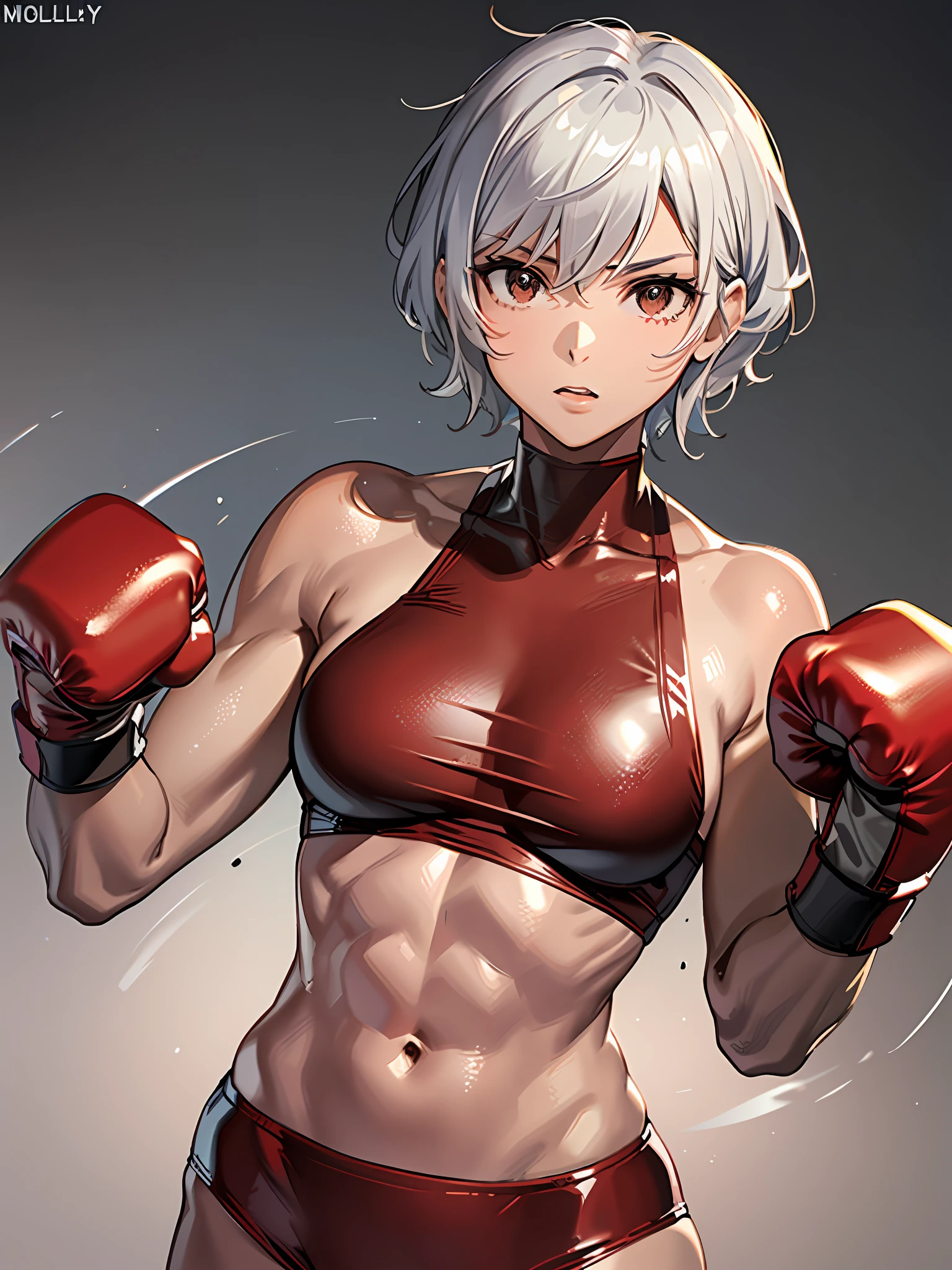 Tall mature boxer. Brown skin. Short-cut with silver hair. Muscularity. ((Wearing red boxing gloves)). Fighting Pose. Image directly in front of you. Image of the waistline. One woman