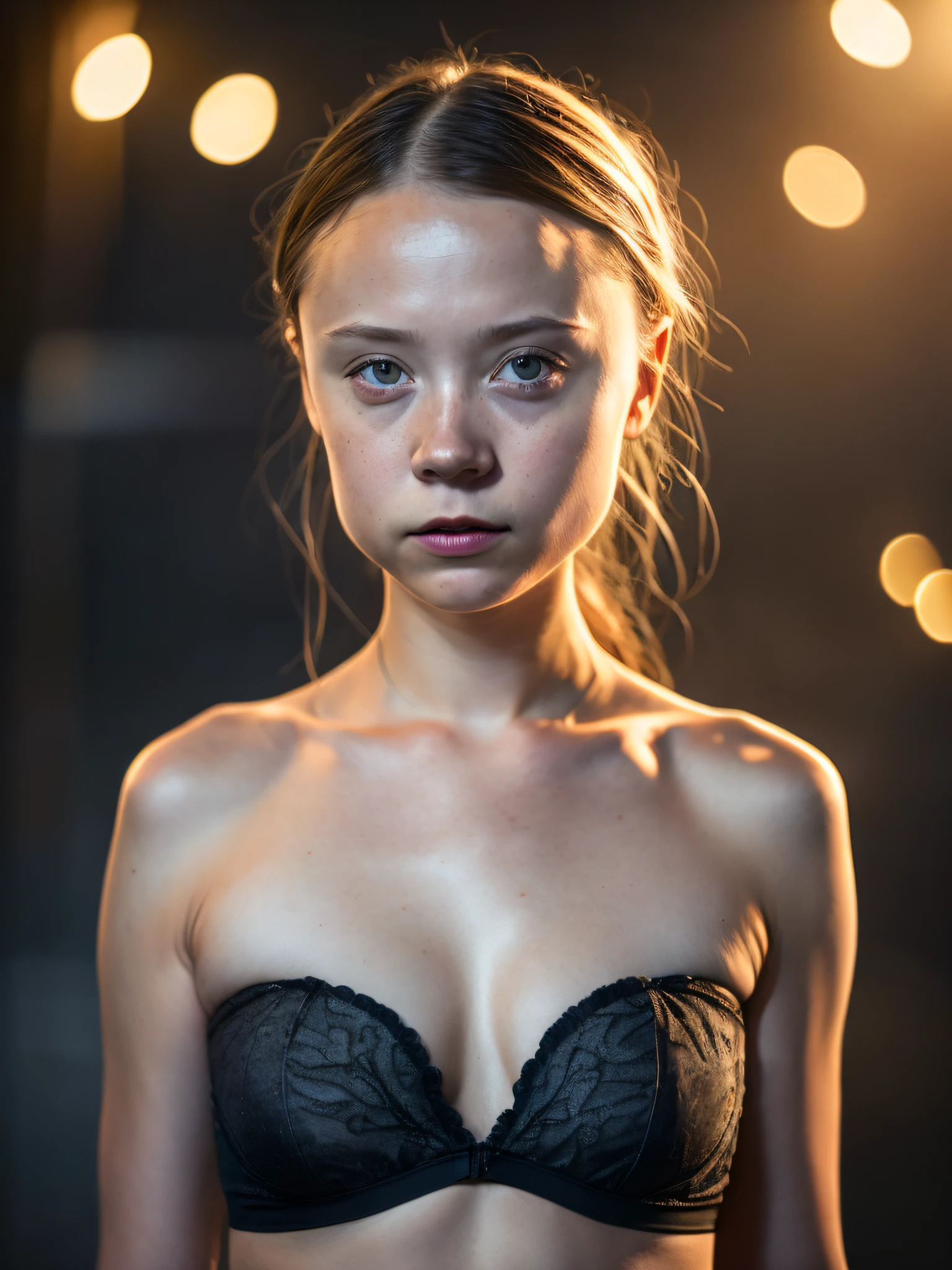 Greta Thunberg, strapless bra, (Modelshoot style), ultra realistic, (high detailed skin:1.2), 8k uhd, dslr, Dramatic Rim light, high quality, Fujifilm XT3, covered in cum