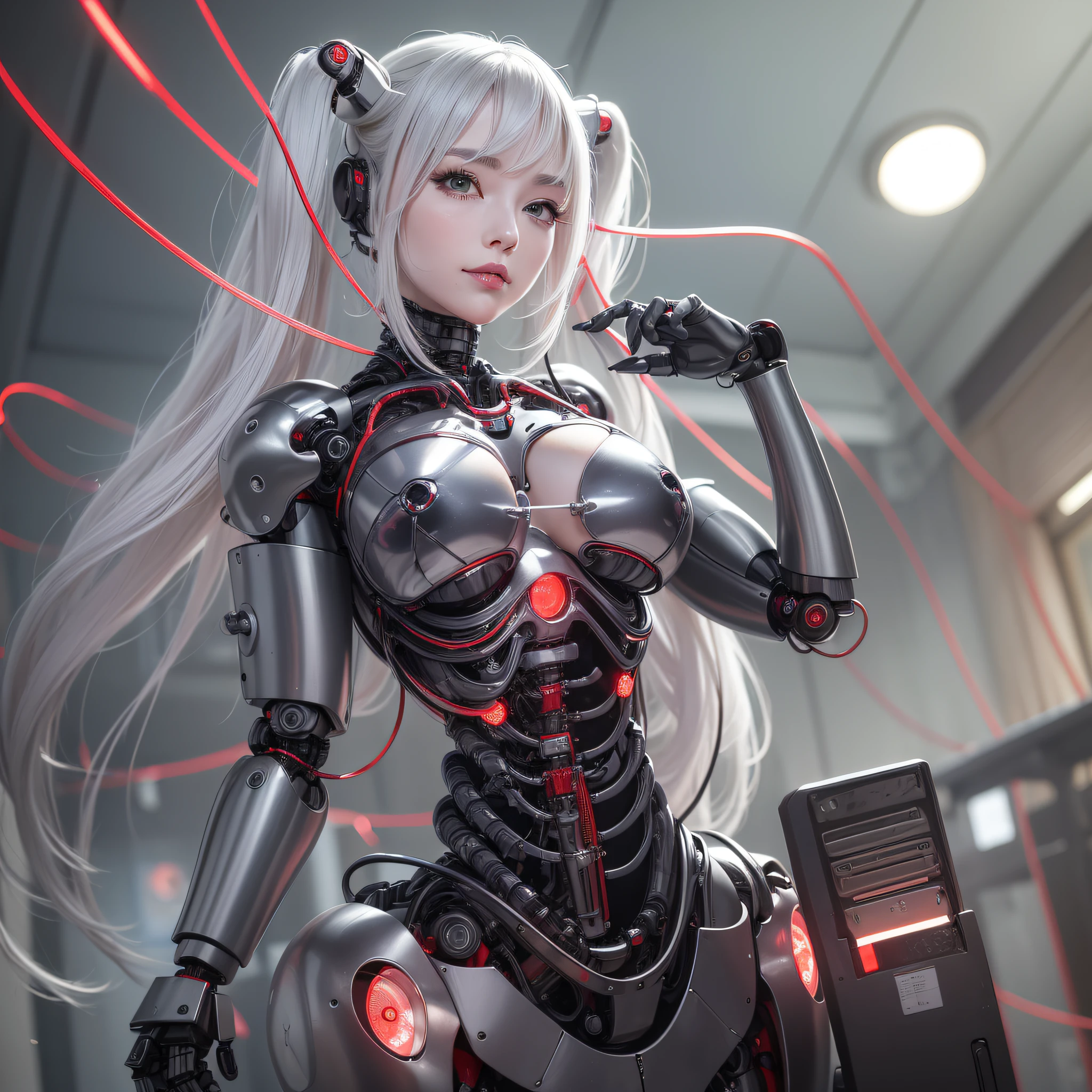 Beautiful Face,face is Japan, 1 Woman, Big, Curvaceous,(8k, RAW photo, top quality, masterpiece: 1.2)(Realistic, Photorealistic: 1.37) (Blood vessel attached to tube)((((Bikini Cyborg robot parts)))), (Light gray hair), Long hair, Wavy hair, Twin tails, Medium shot, ((Seductive smile) ), (Black Eyes), Hime Cut,From Below,(whole body),posing,,Inside the lab,( Blood vessel connected to a tube),((Mechanical vertebrae attached to the back)),((Mechanical neck attached to the neck)),(Wire and cable attached to the head and body),(Character Focus),Science Fiction,
