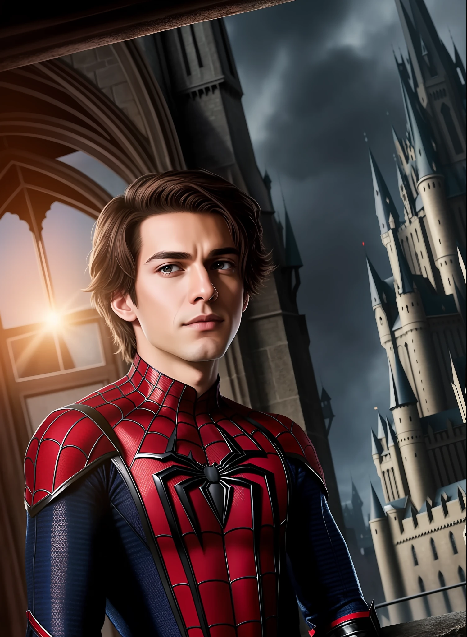 If spider man studied at Hogwarts, witchcraft based uniform, medieval and modern style, realistic, movie scene, gloomy environment