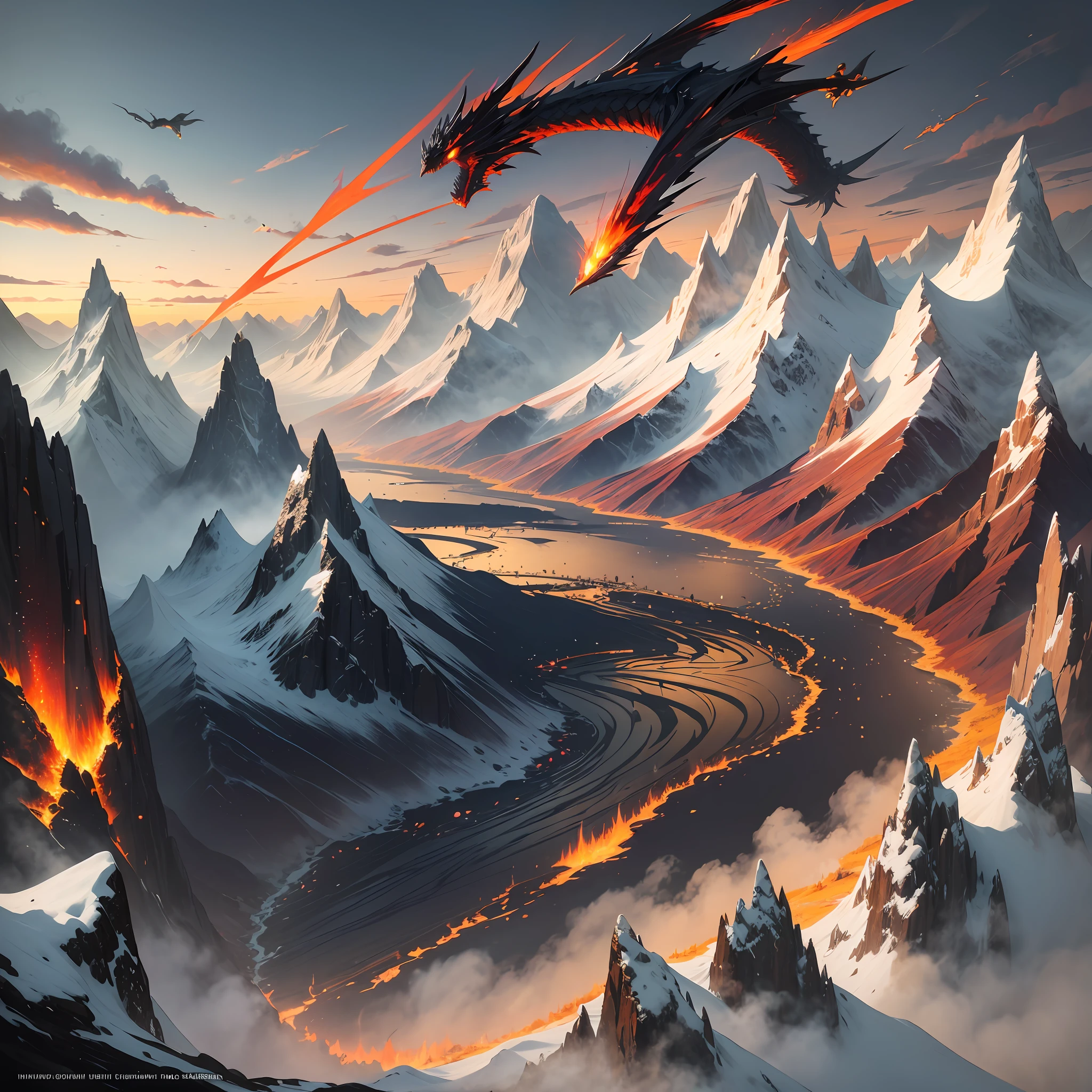 The scene depicts a wild, mountainous landscape, with deep valleys, snow-capped peaks, and dense forests that stretch as far as the eye can see. In the sky, a dark dragon is flying majestically its huge wings flapping mightily to keep it aloft. The dragon is an imposing animal, with gleaming black scales that seem to glow in the sunlight. Its powerful claws extend out of its wings, and a long prickly tail crawls behind it as it flies. His eyes glow with an intense red fire, and small jets of black flames come out of his open mouth. The dragon flies towards an incredible sunset, with the sky full of shades of orange, red and gold. The mountains and forests below the dragon are shrouded in shadow, but sunlight reflects off the surfaces of crystal clear lakes and winding rivers that stretch across the landscape. --auto --s2