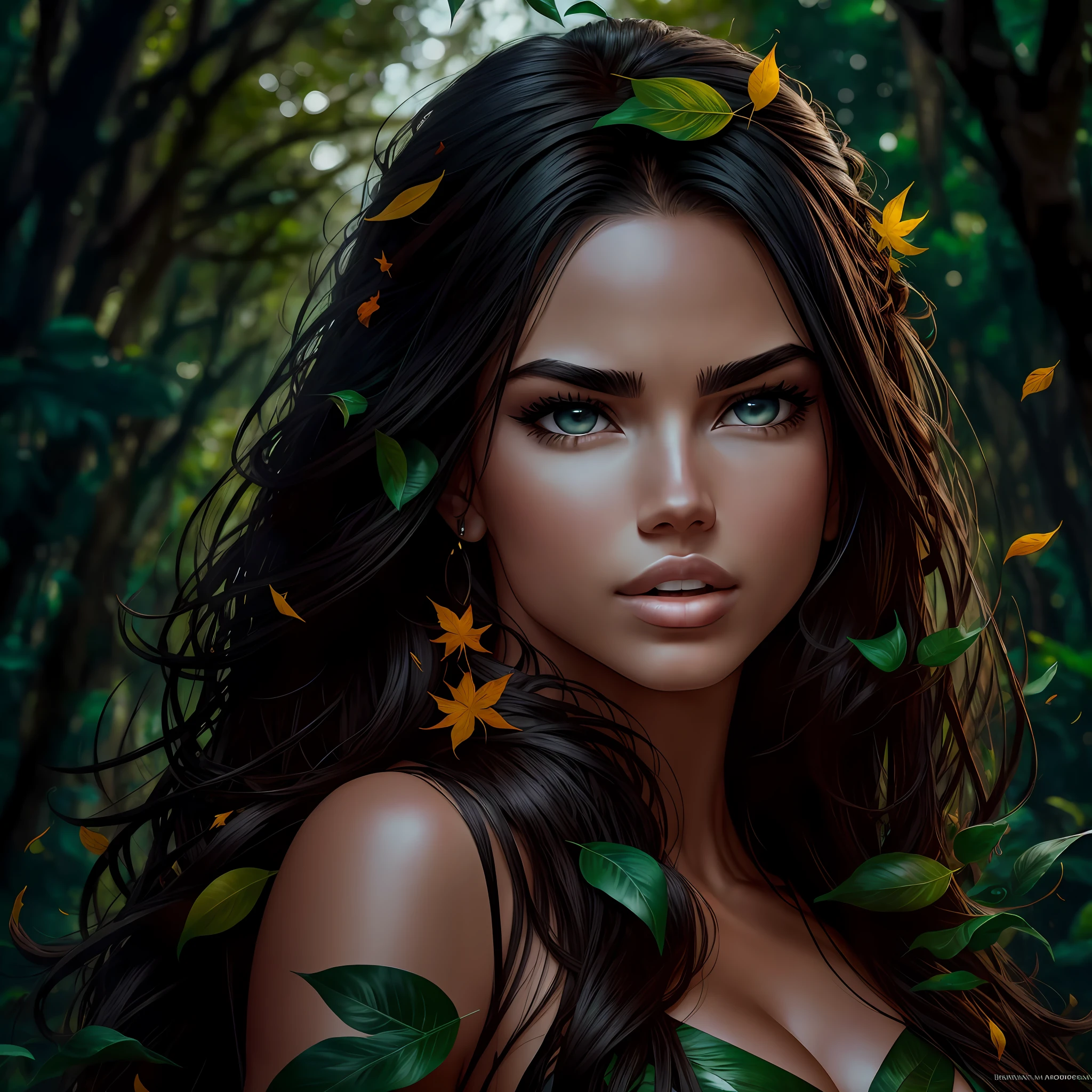 Adriana Lima, face front, forest background, hair with leaves, 4k --auto --s2