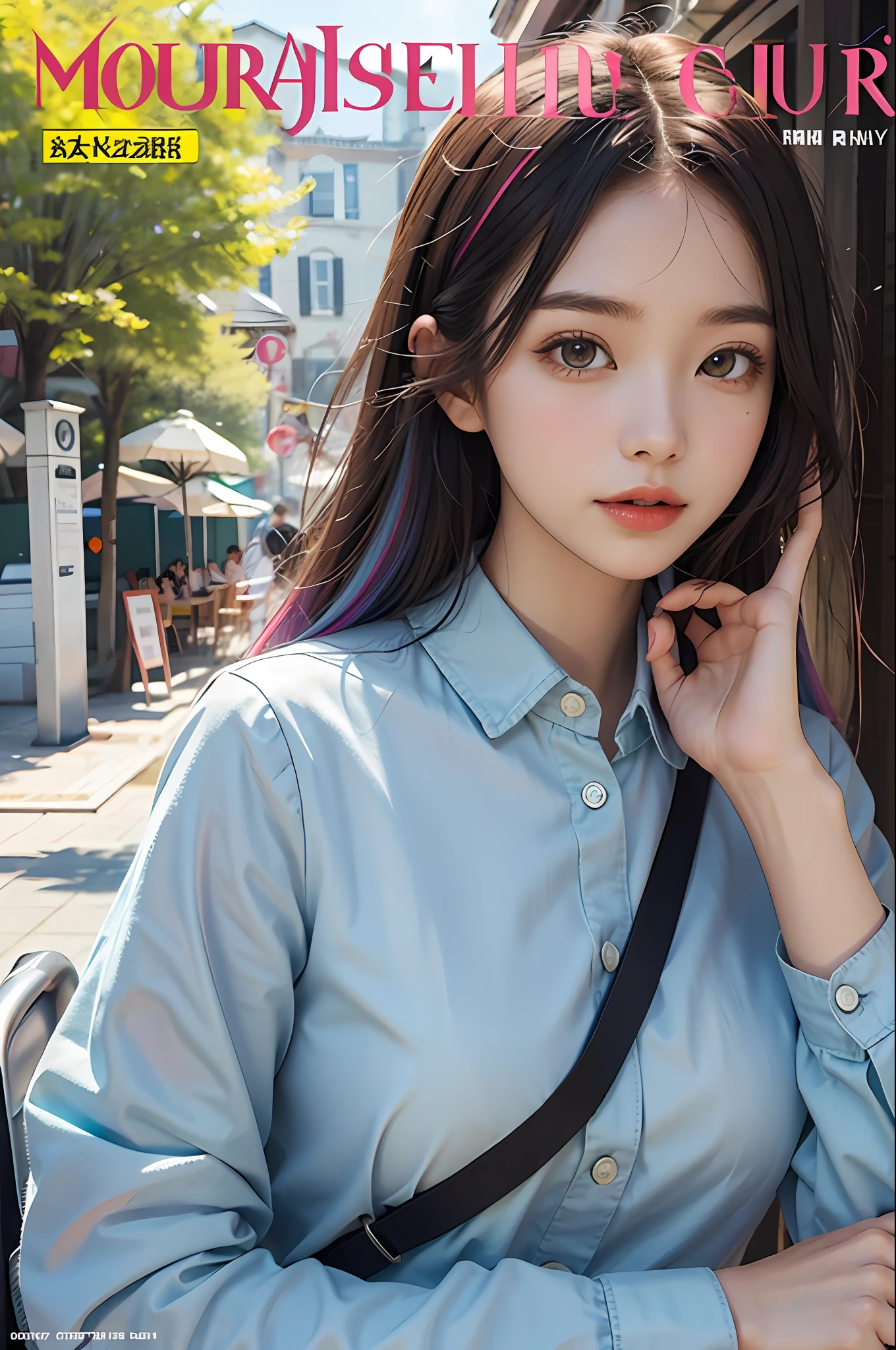masterpiece, best quality, spring outfit, colorful hair, outdoor, magazine cover ,upper body,