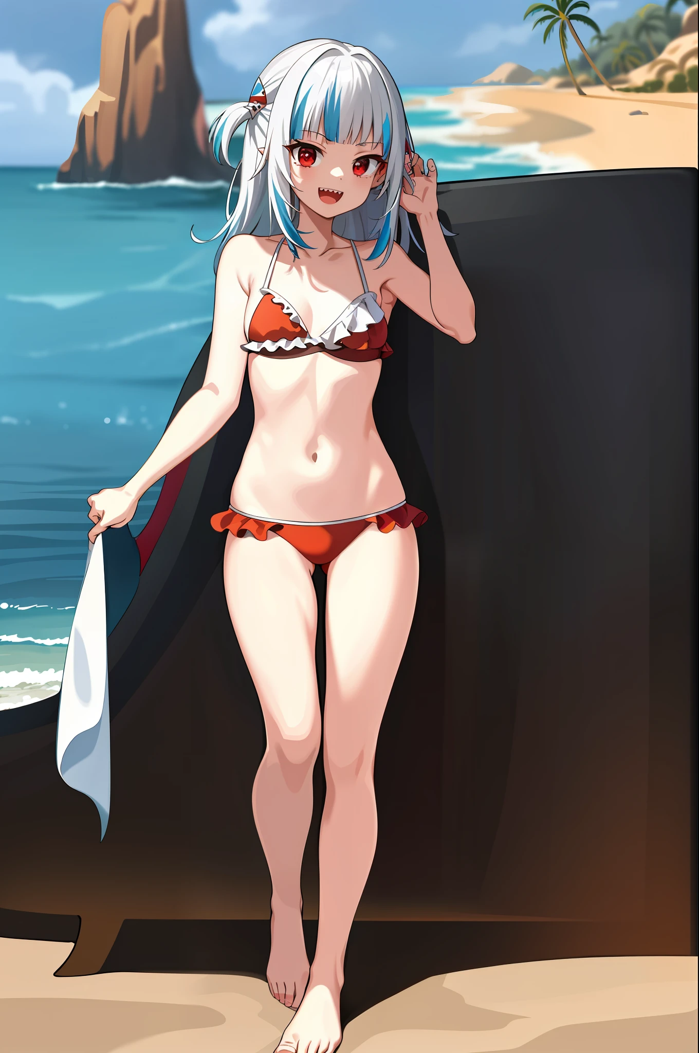 2d, masterpiece, best quality, anime, highly detailed, full body, 1girl, solo, red eyes, gura_small bikini, red bikini, frills, barefoot, :d, sharp teeth, shark tail, front view, beach, island, palm tree, towel, waves, holding breasts
