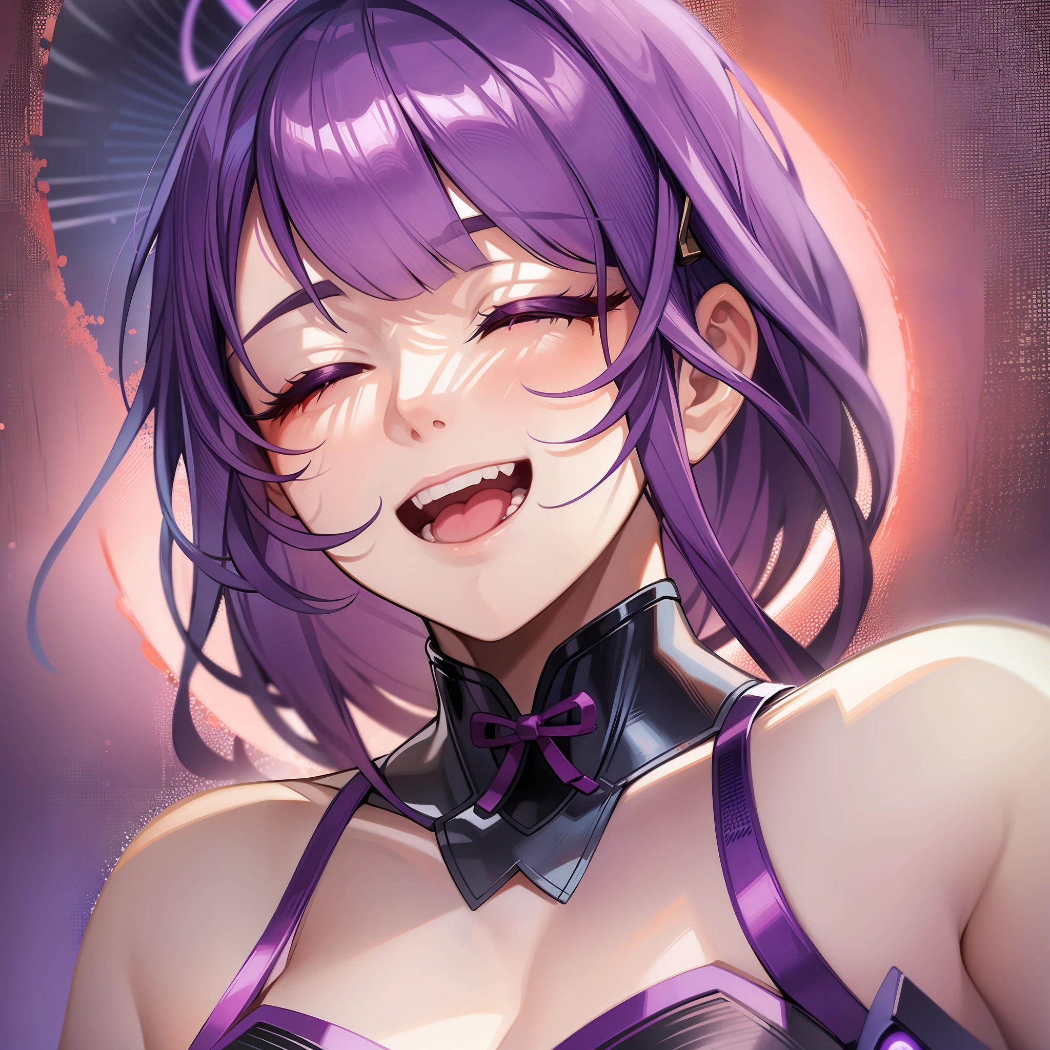 raiden shougn, purple hair, closed eyes, a girl laughing, open mouth, with an orange background, portrait