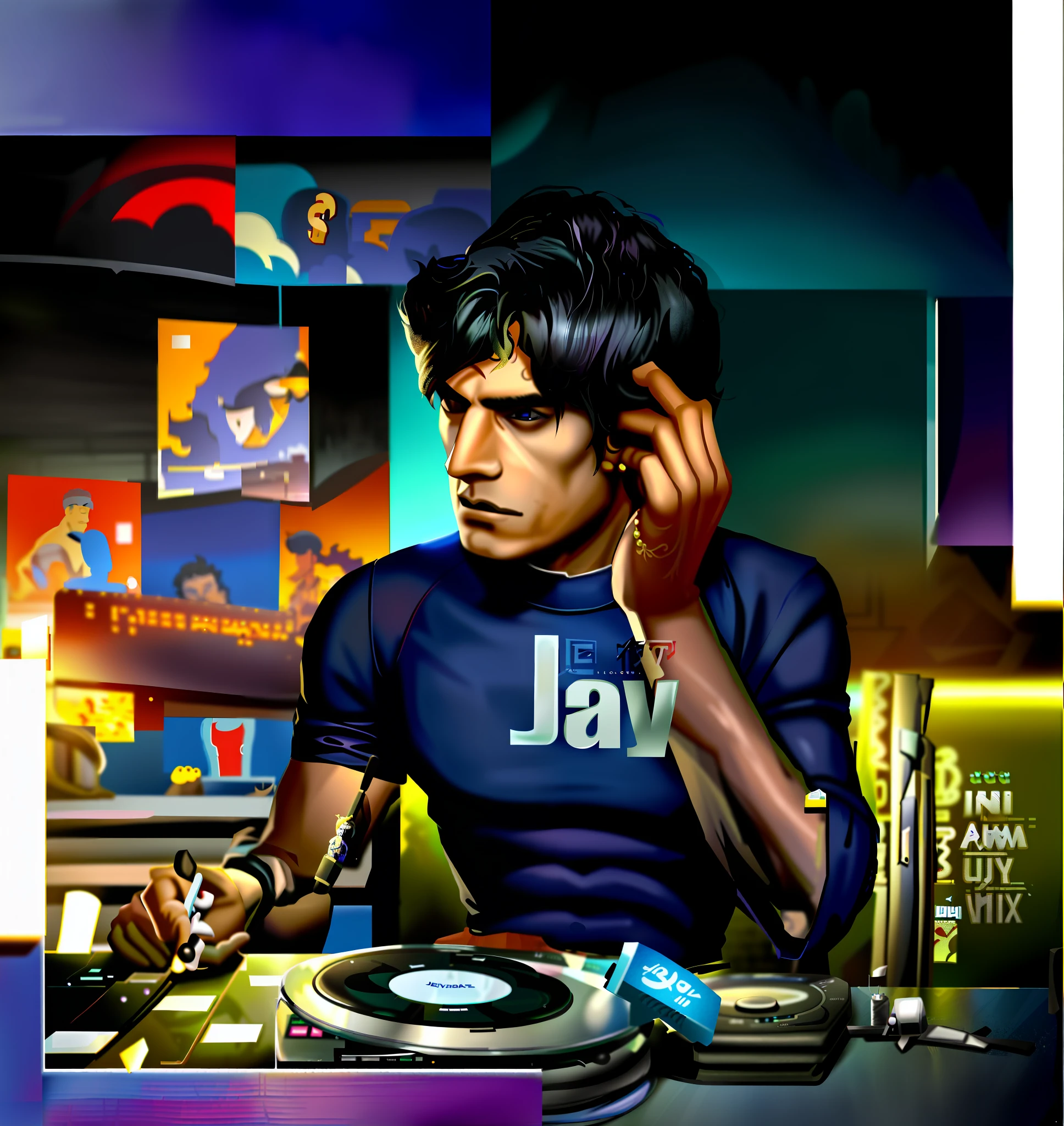 there is a man sitting at a table talking on a cell phone, jayison devadas style, jayison devadas, promo art, by Jay Hambidge, vijay jayant props, fan art, dj, ray william johnson, promo shot, fanart, ilya, promotional picture, promotional image, jc park, avan jogia angel, cover shot, jonathan ivy