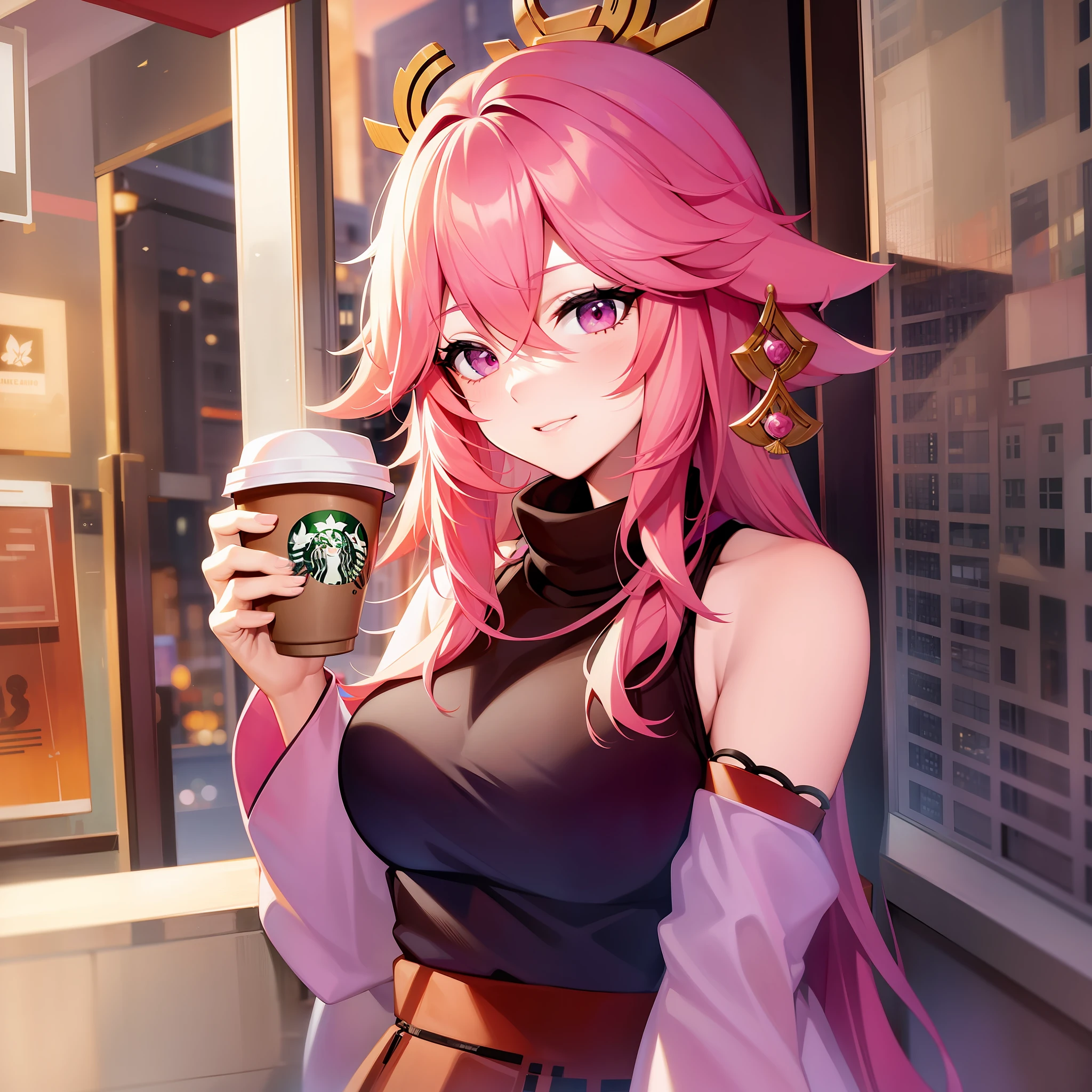 yae miko, Pink hair, a girl drinking Starbucks coffee, city, portrait