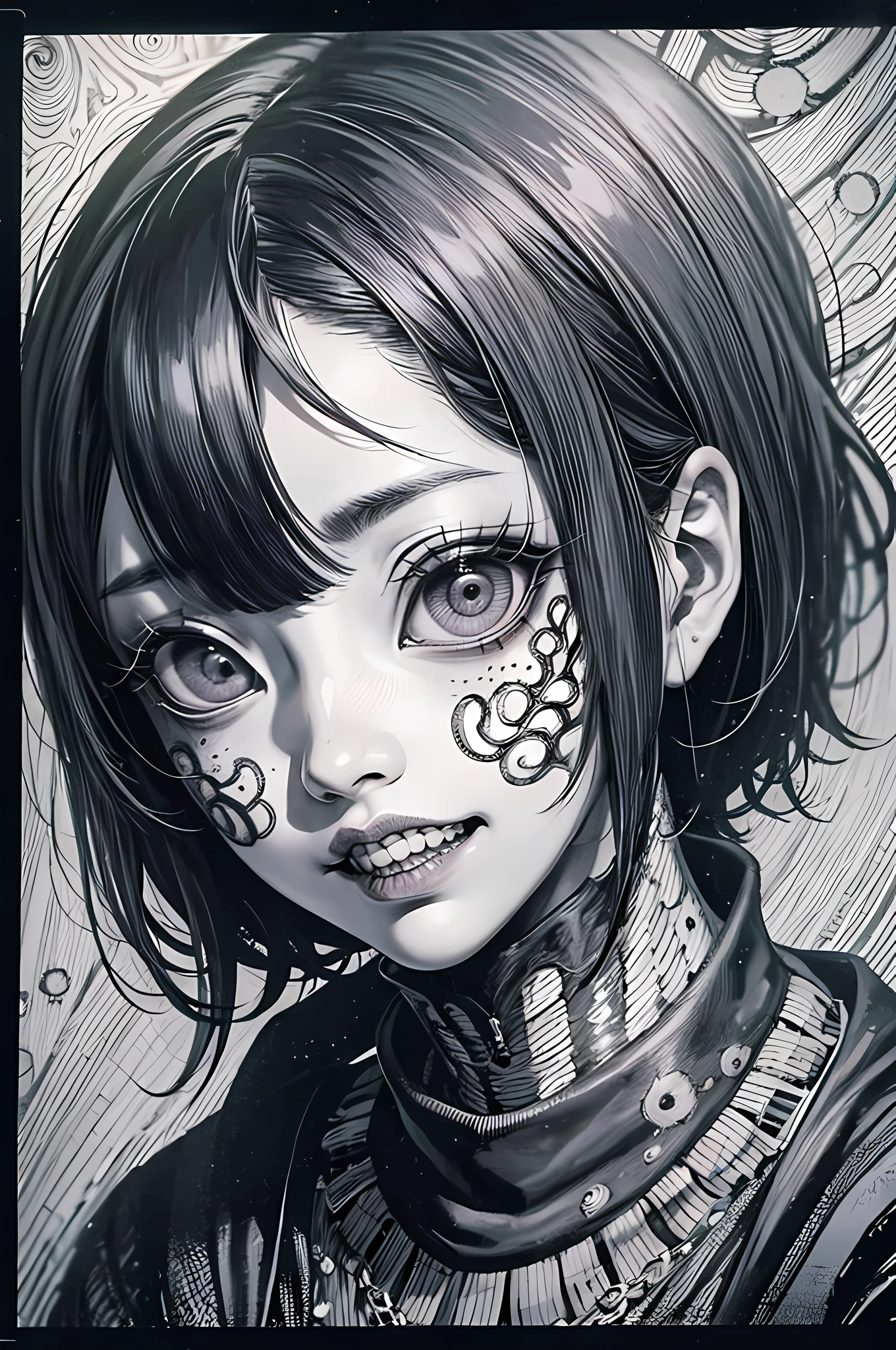 [(Junji Ito:1.4), creepy, dark, black and white, detailed line art, unsettling, horror manga style, twisted, psychological horror, grotesque, morbid, surreal]