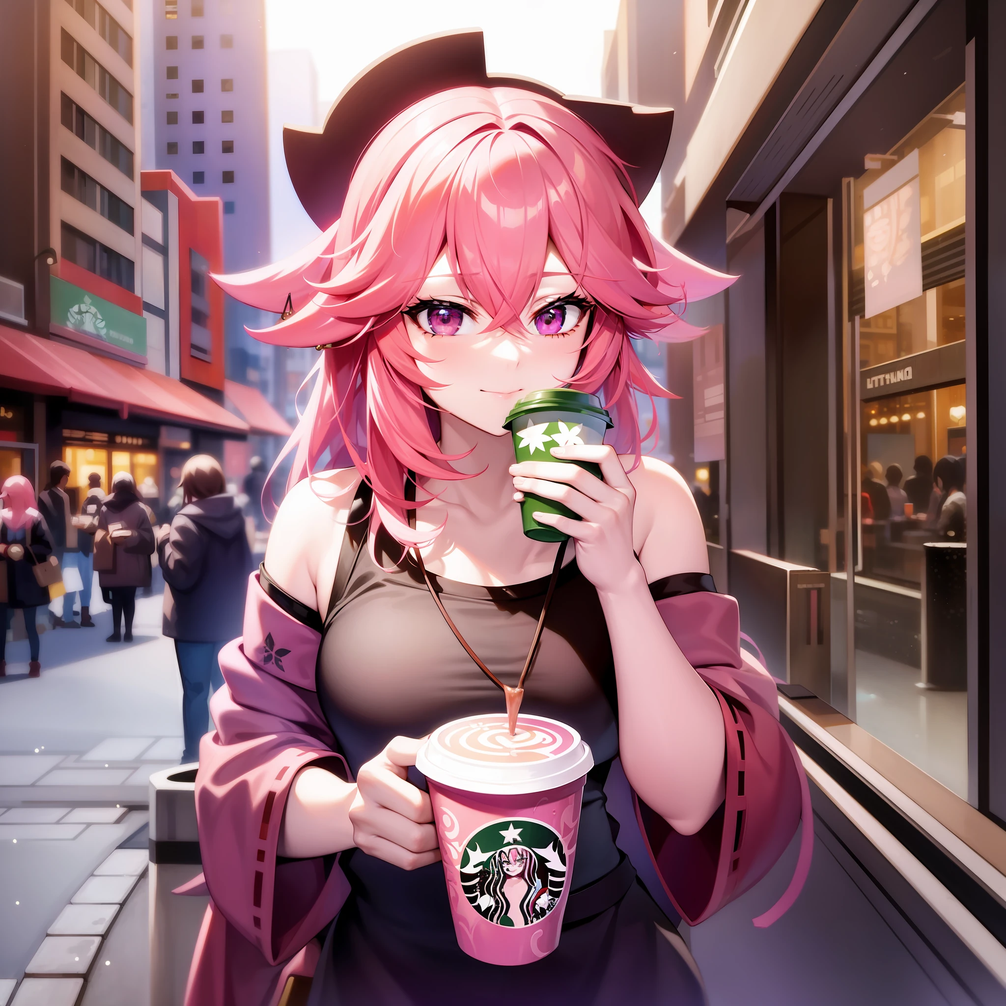yae miko, Pink hair, a girl drinking Starbucks coffee, city, portrait