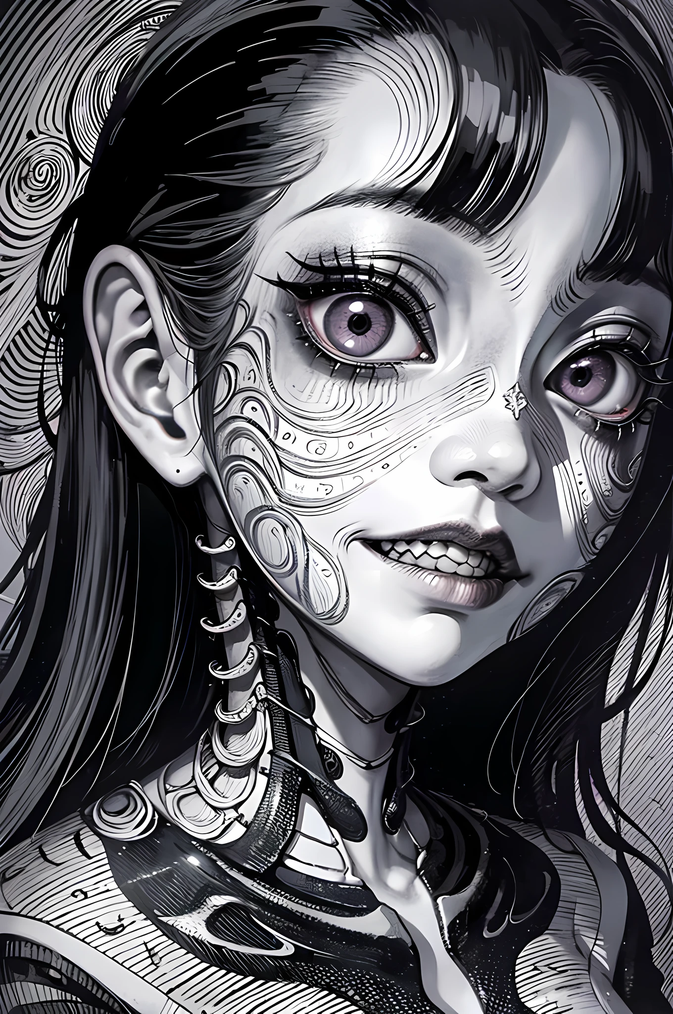 [(Junji Ito:1.4), creepy, dark, black and white, detailed line art, unsettling, horror manga style, twisted, psychological horror, grotesque, morbid, surreal]