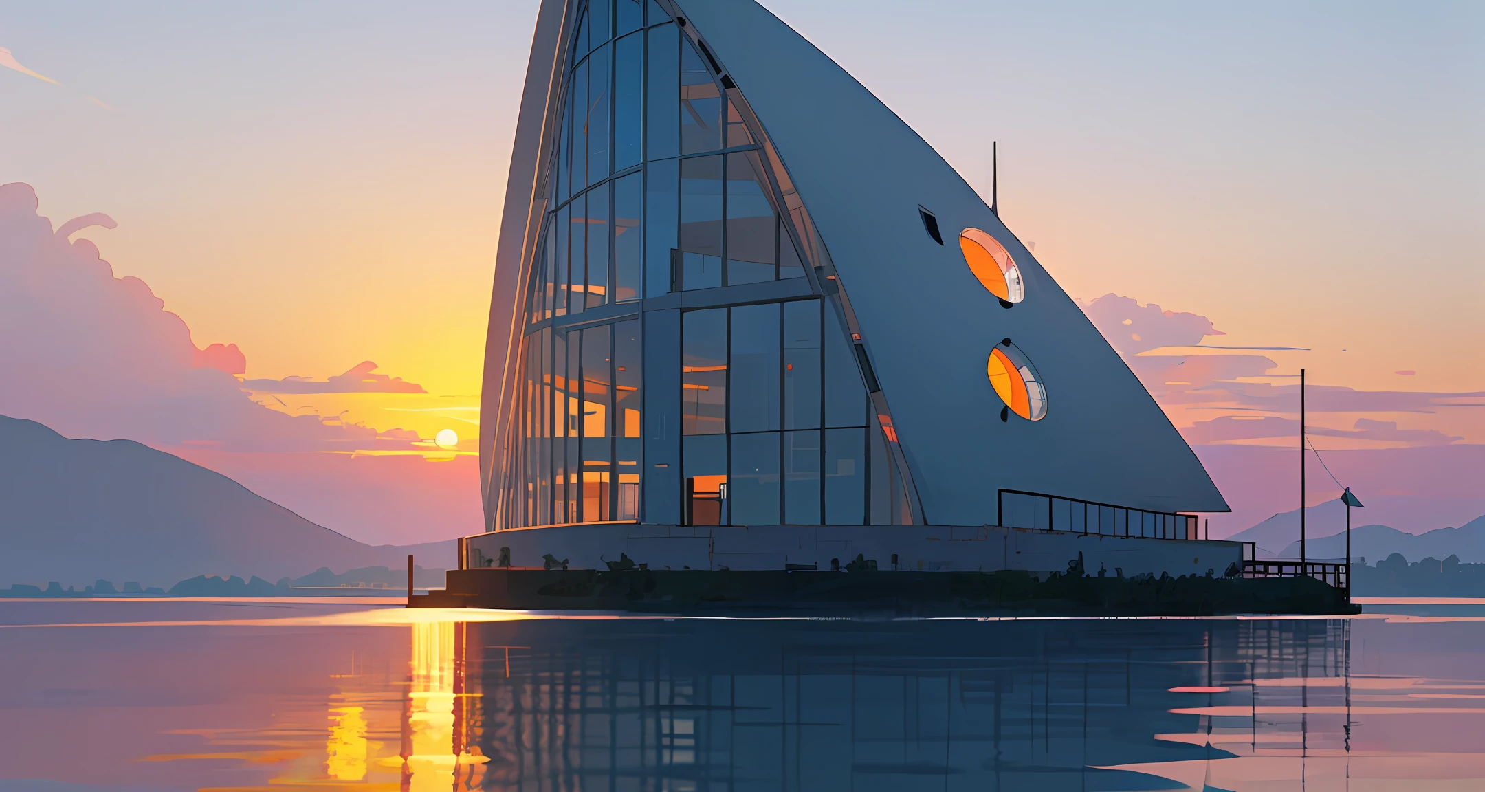 The building, shaped like a white conch floating in the sunset sky, has round windows, and below there is a lake reflecting them, and a girl with silver hair stands in the lake.