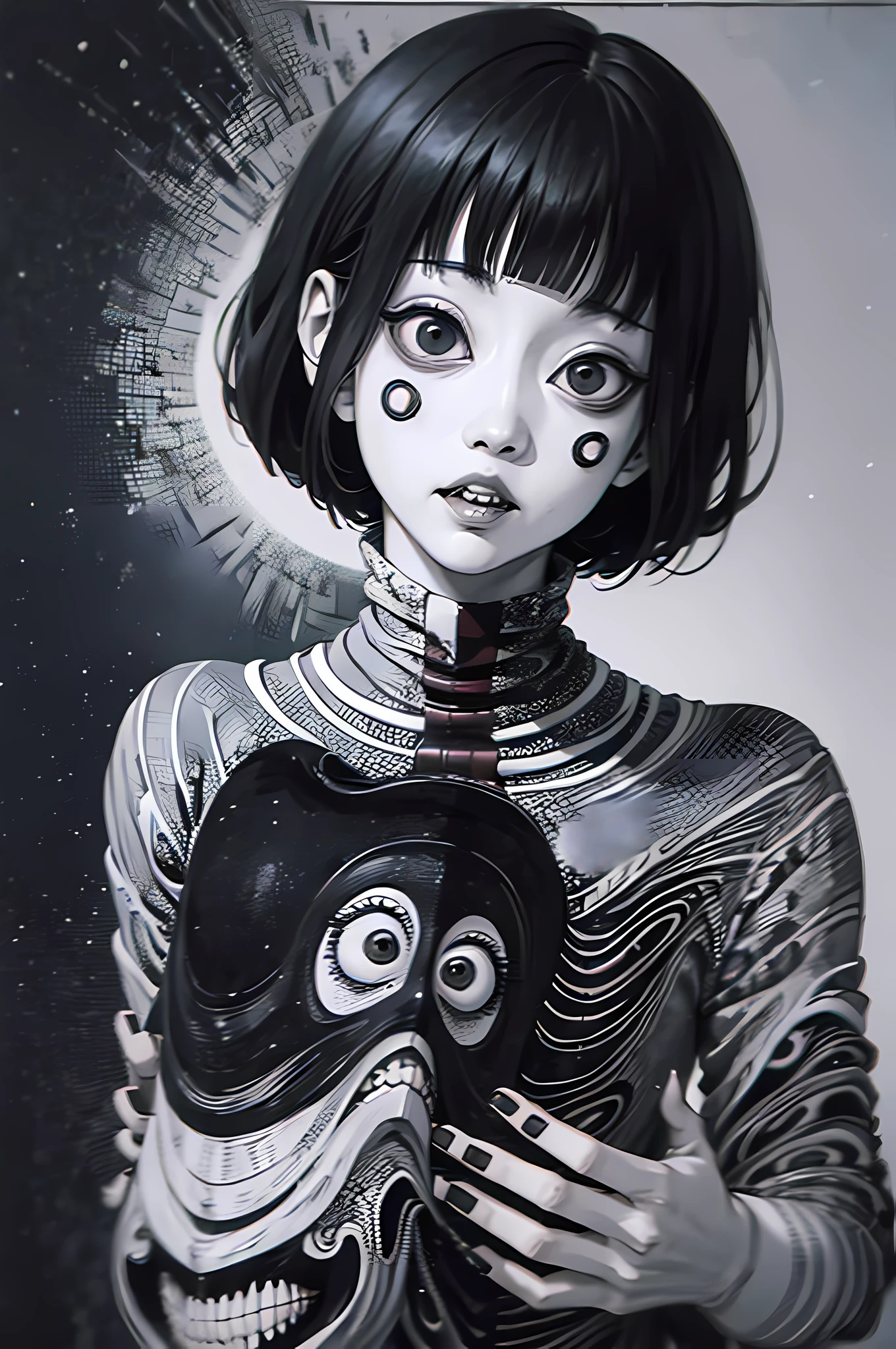 [(Junji Ito:1.4), creepy, dark, black and white, detailed line art, unsettling, horror manga style, twisted, psychological horror, grotesque, morbid, surreal]